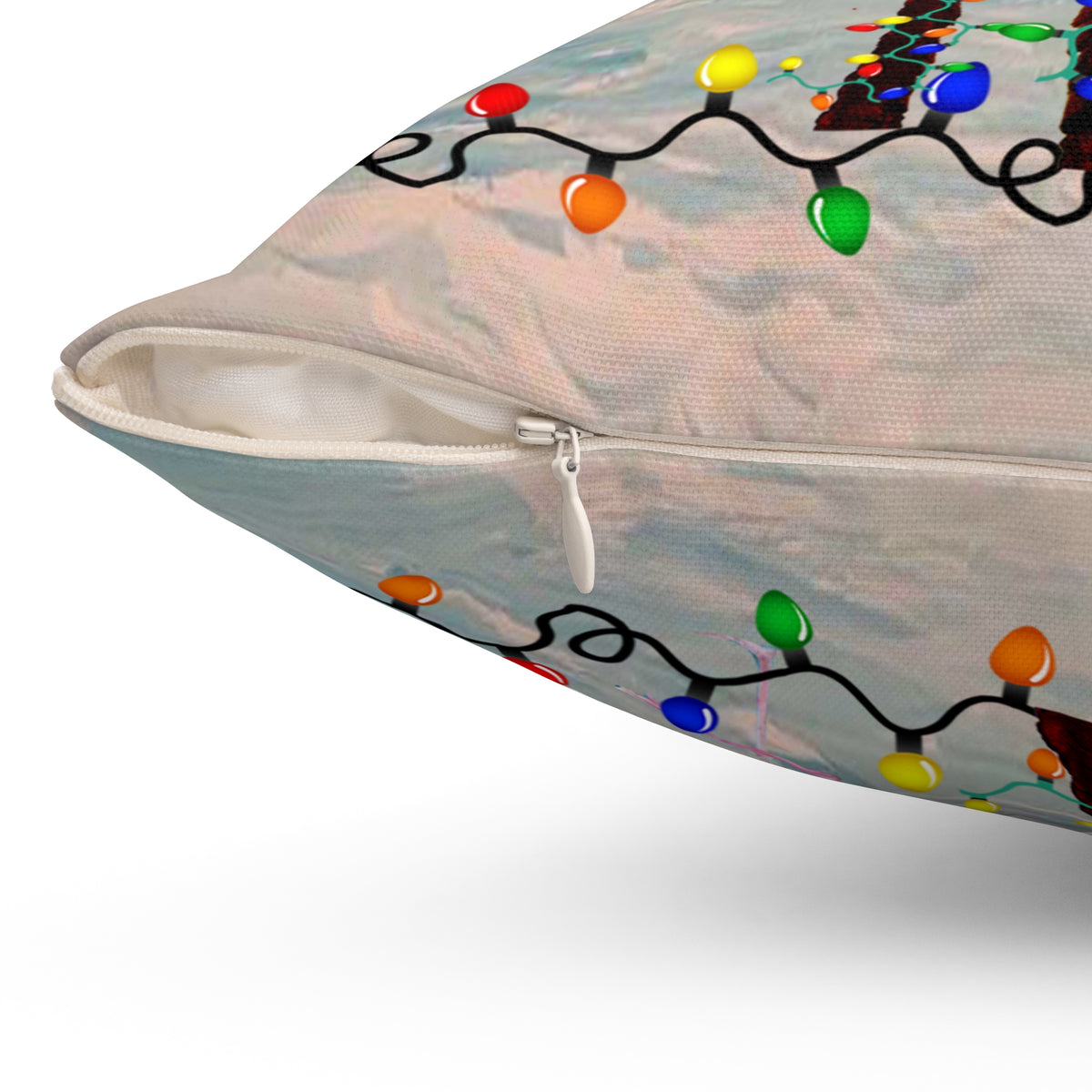 Tropical Christmas Palm Pillow — Flamingo with Holiday Lights