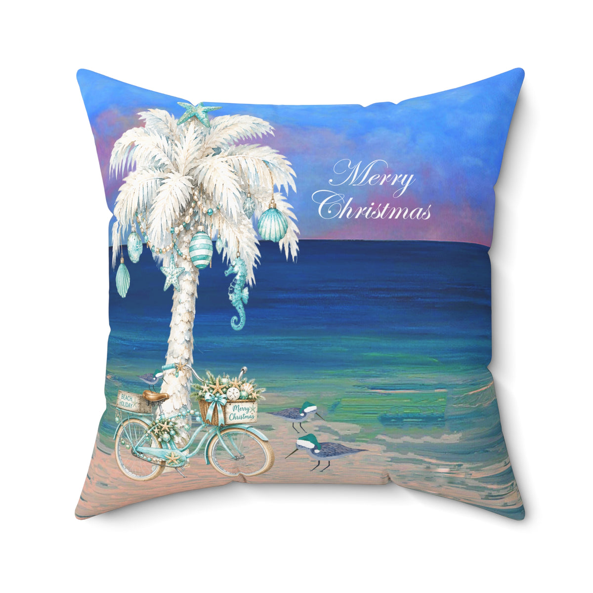 Coastal Christmas Pillow — Beach Palm Tree "Merry Christmas" Throw Pillow
