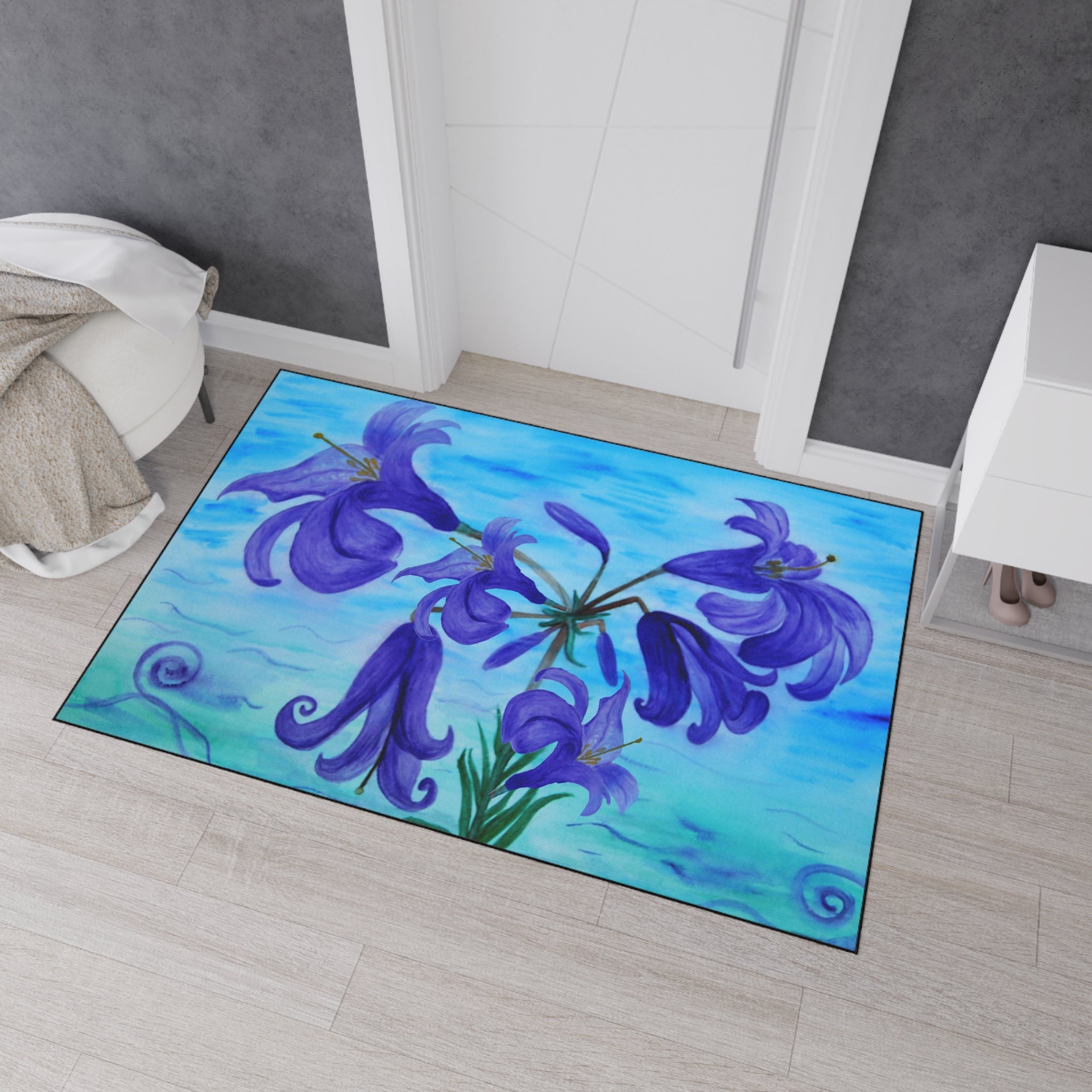 Blue Lily Heavy Duty Floor Mat — Waterproof Floral Entryway Rug