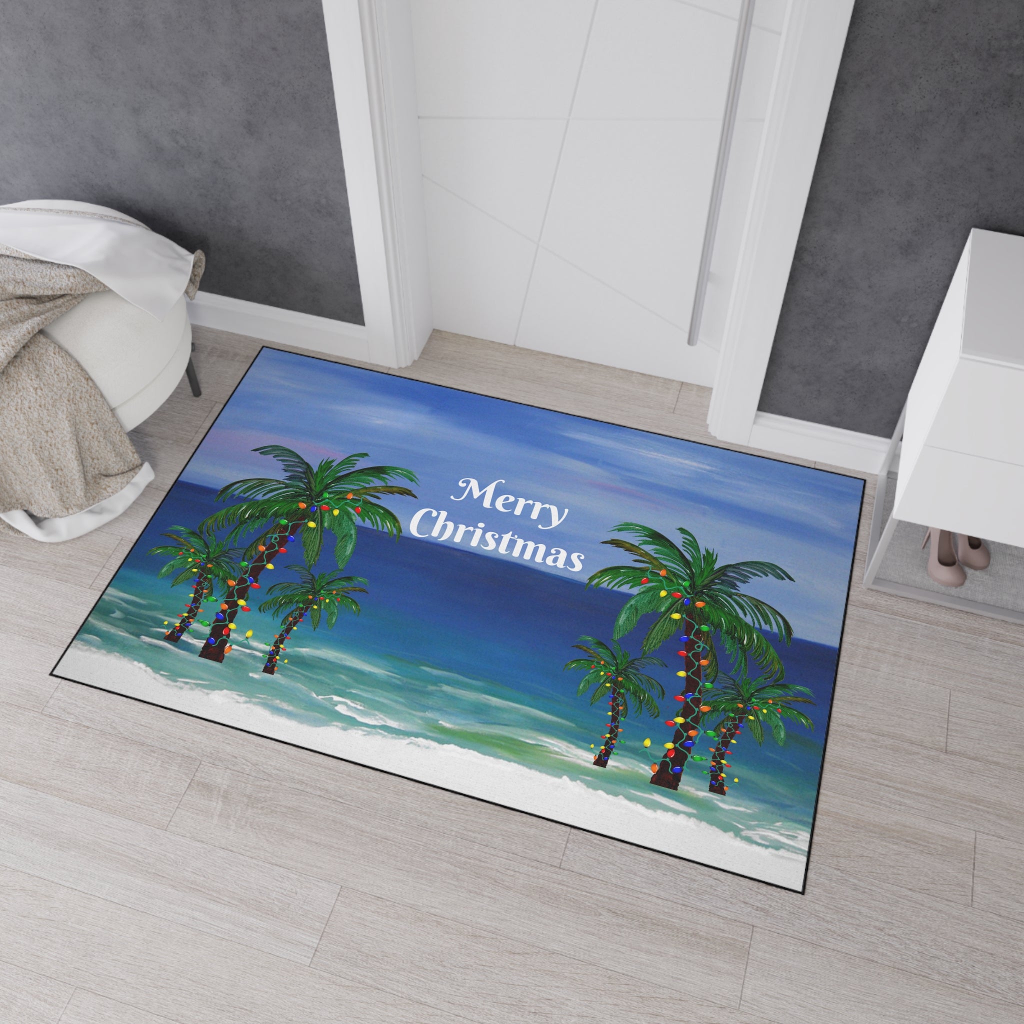 Merry Christmas Beach Floor Mat — Tropical Palm Trees Holiday Doormat