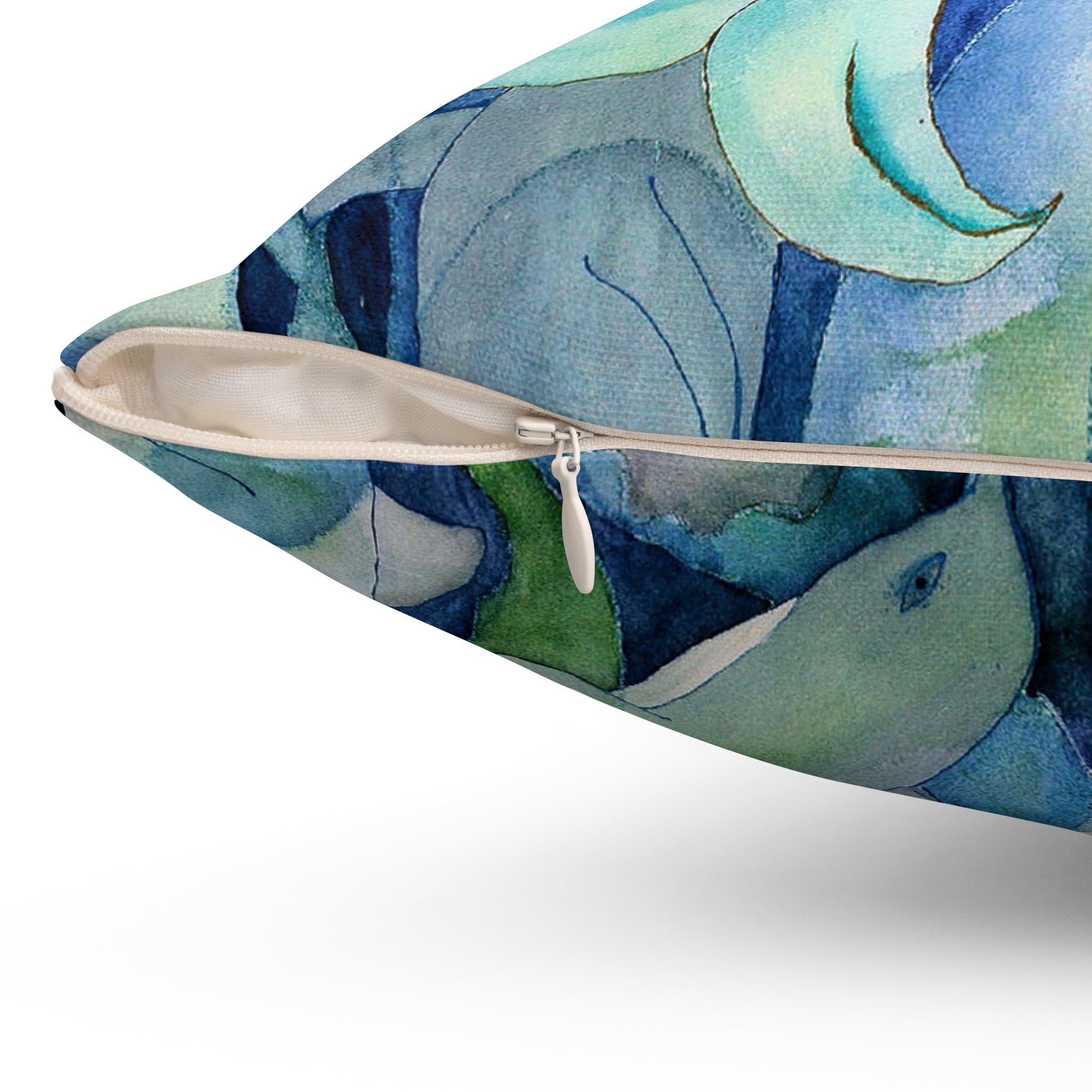 Mermaid & Dolphins Watercolor Throw Pillow — Ocean Blue Decorative Cushion