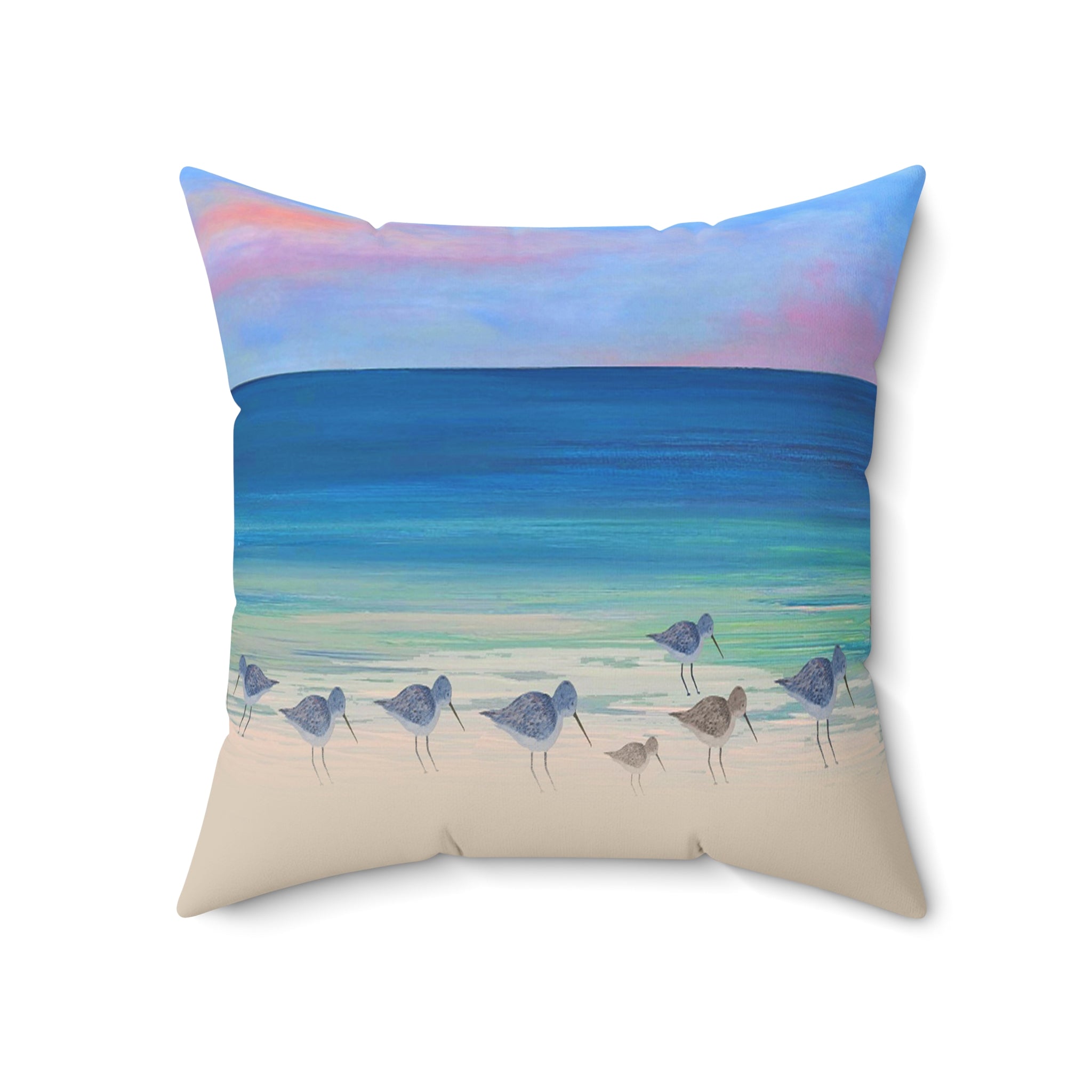 Beach Shorebirds Throw Pillow — Coastal Ocean Sunset Decorative Pillow