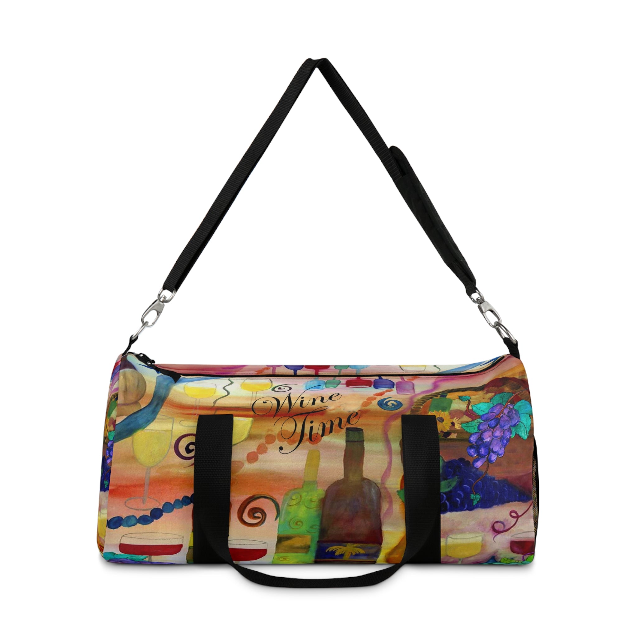 Wine Time Duffel Bag — Colorful Grapes & Bottles Travel Bag