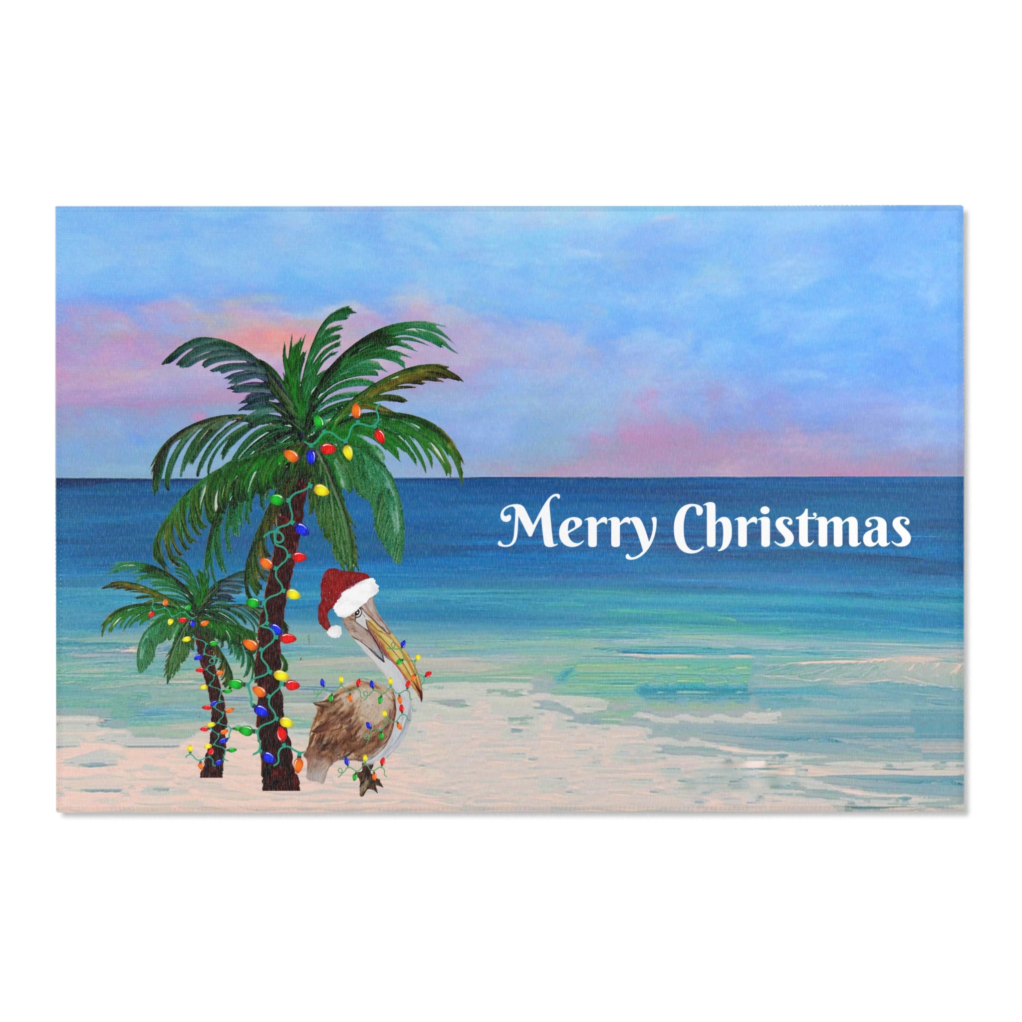 Merry Christmas Beach Area Rug – Tropical Palm & Pelican Holiday Mat