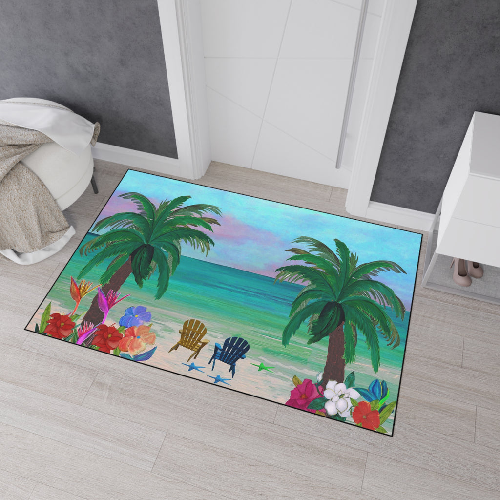 Tropical Beach Floor Mat — Palm Trees, Adirondack Chairs & Floral Welcome Doormat