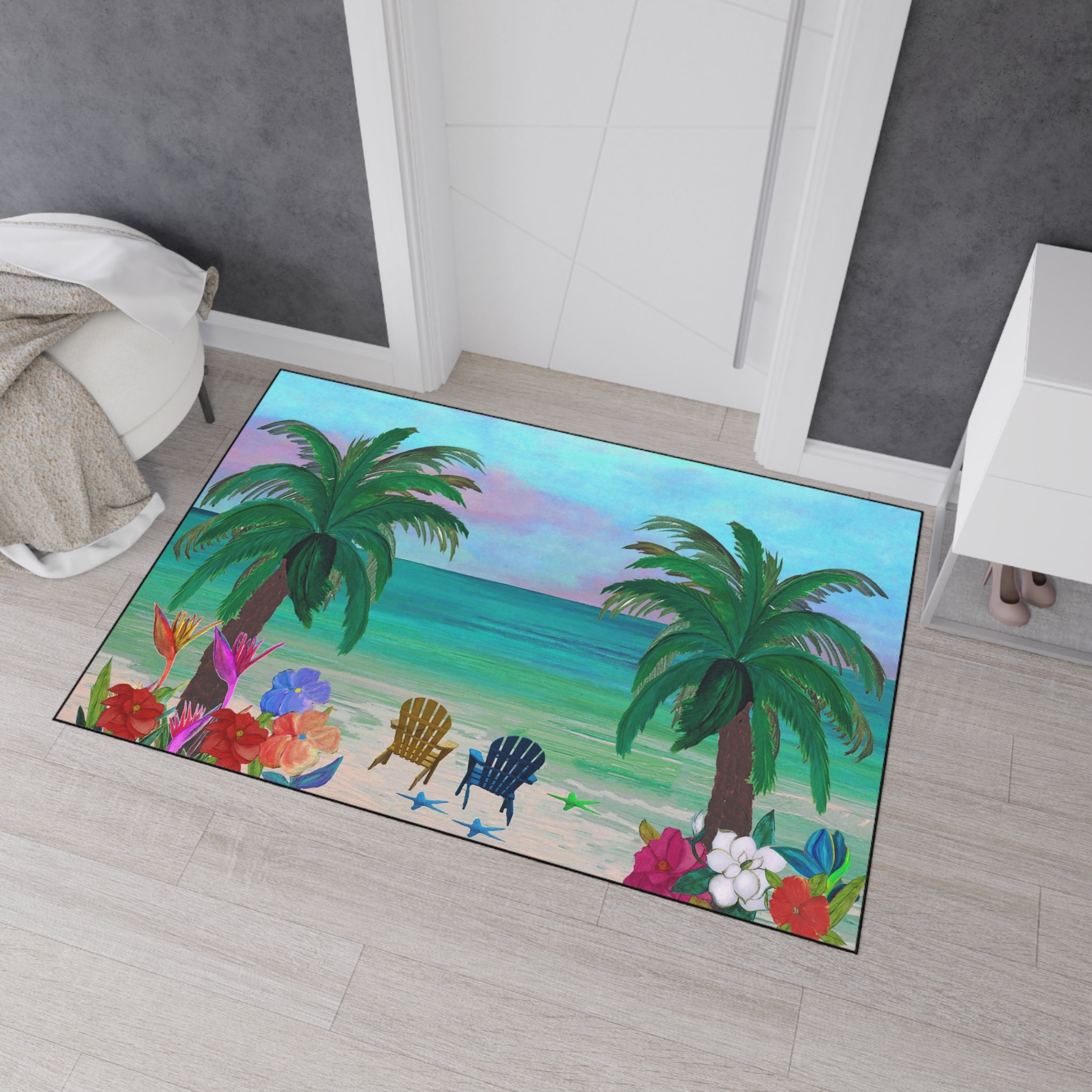 Tropical Beach Floor Mat — Palm Trees, Adirondack Chairs & Floral Welcome Doormat