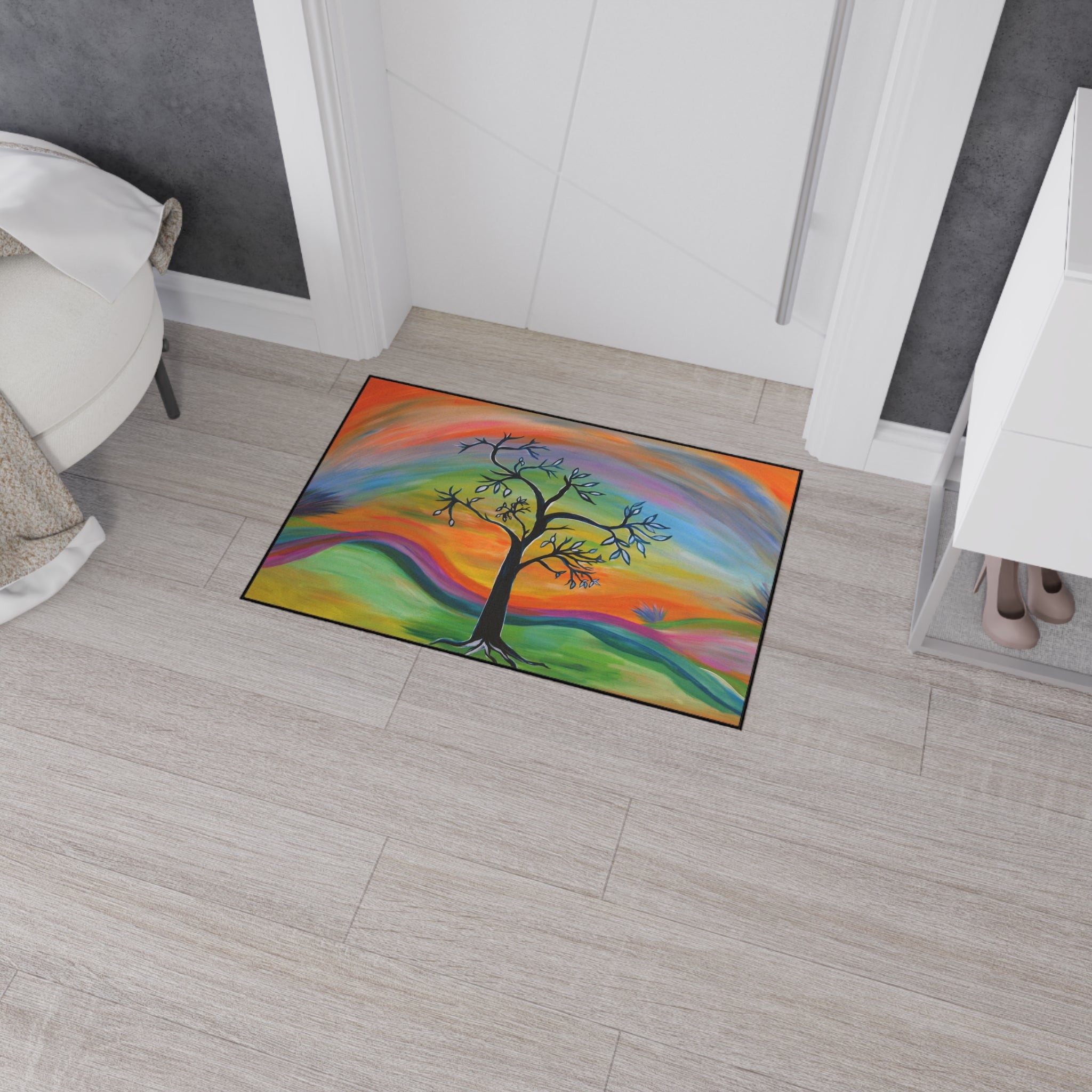 Retro Colorful Tree Heavy-Duty Floor Mat — Vibrant Abstract Welcome Rug