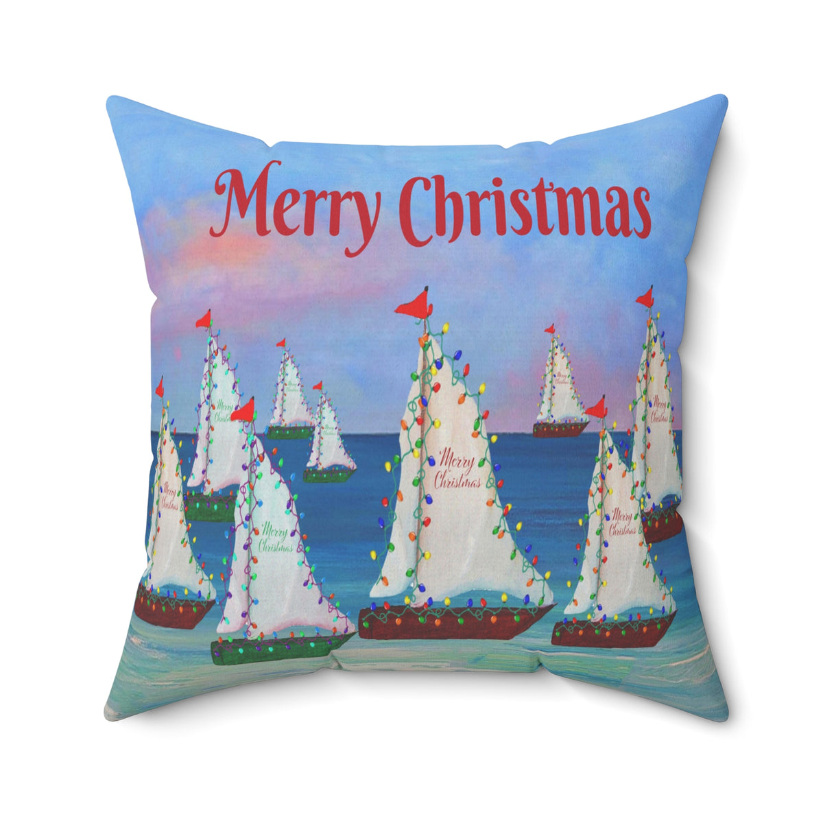 Merry Christmas Sailboat Pillow — Coastal Holiday Decorative Throw Pillow