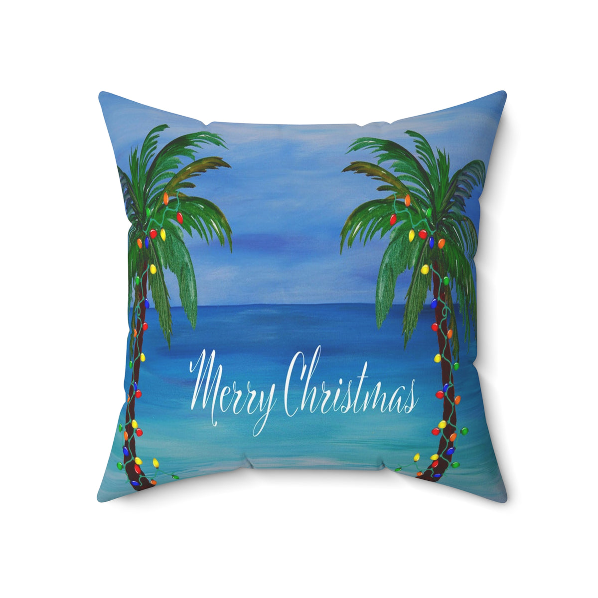 Merry Christmas Tropical Pillow — Palm Trees & Beach Holiday Throw Pillow