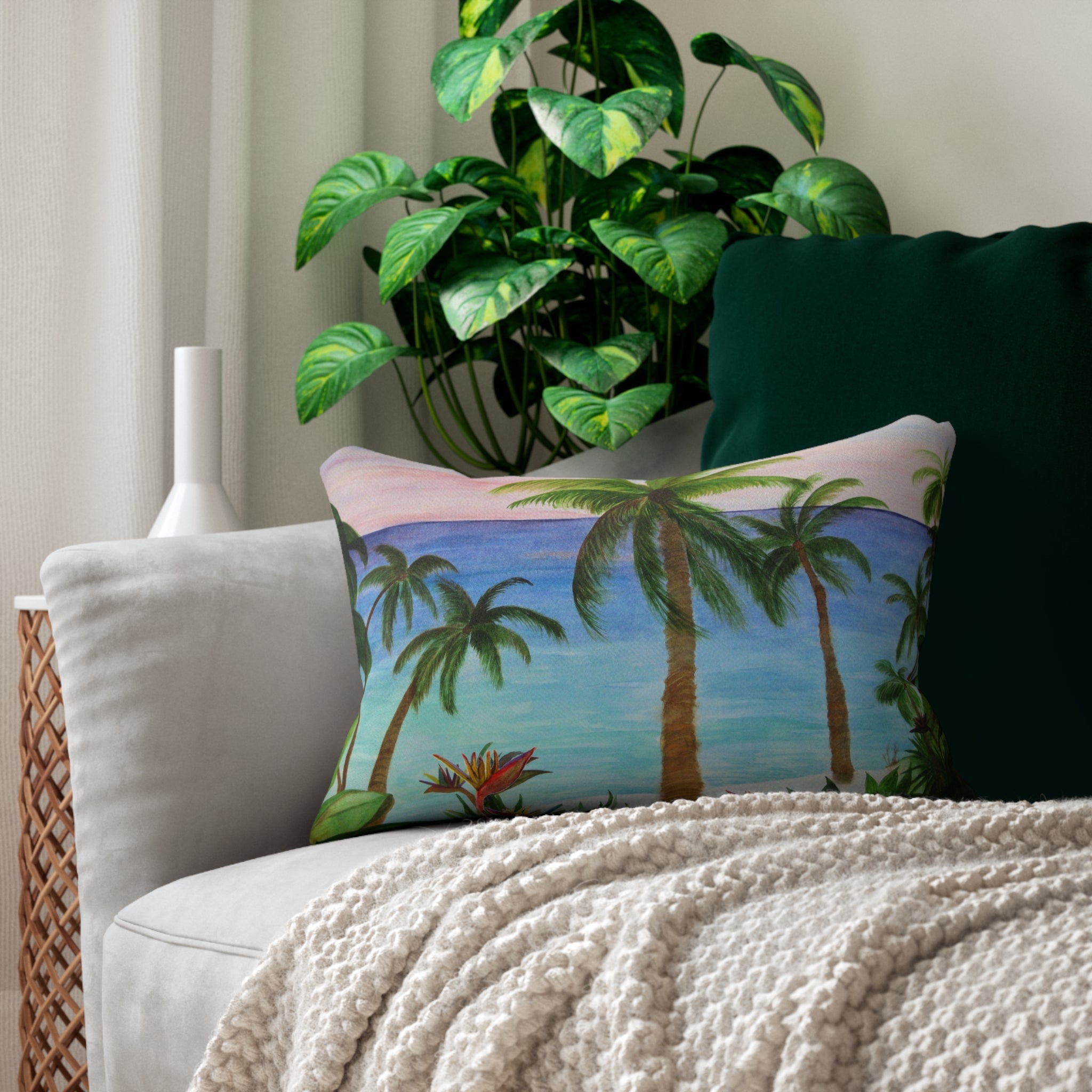 Tropical Palm Beach Lumbar Pillow — Coastal Sunset Decorative Accent