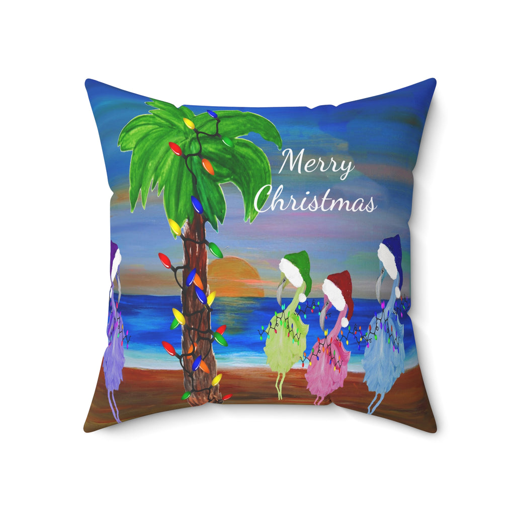 Flamingos Merry Christmas Tropical Palm Pillow — Festive Beach Holiday Decor