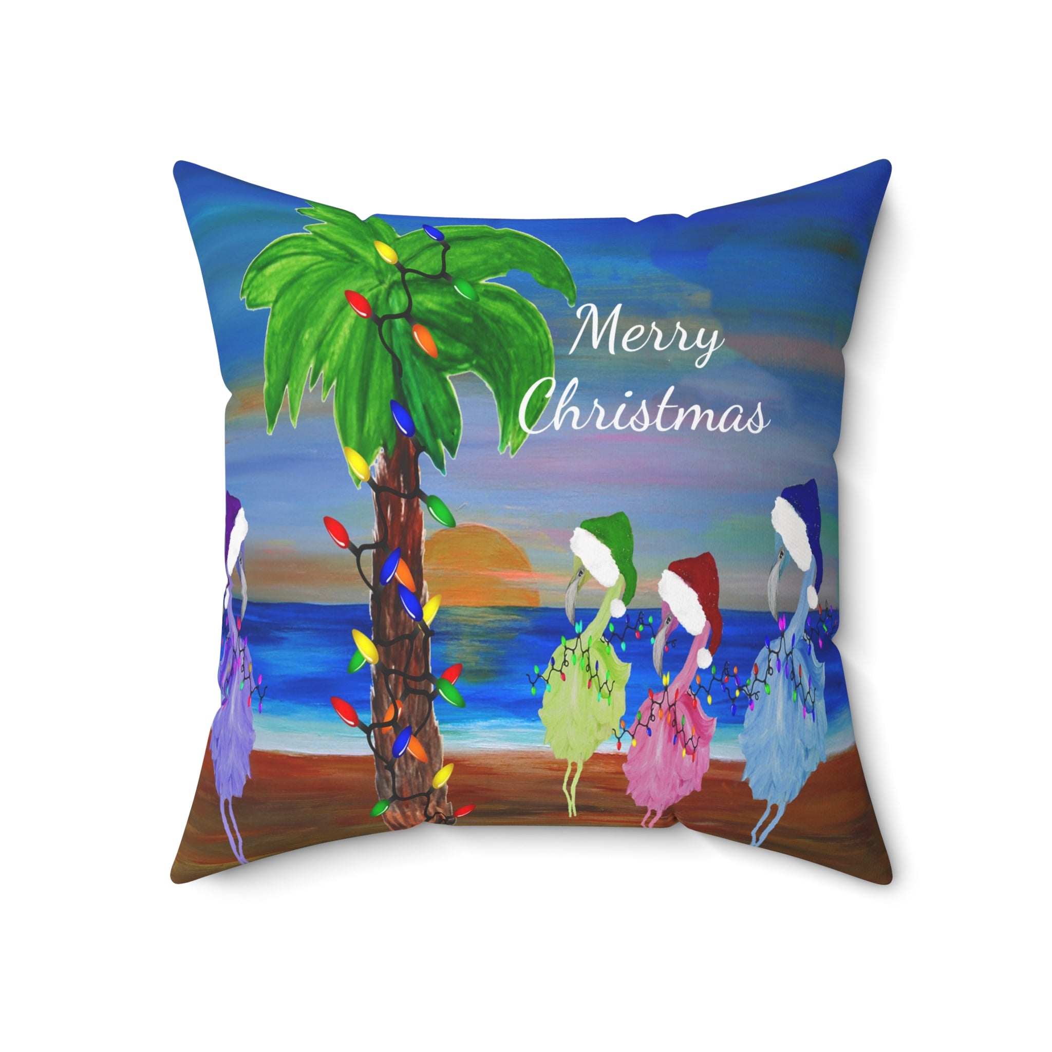 Flamingos Merry Christmas Tropical Palm Pillow — Festive Beach Holiday Decor