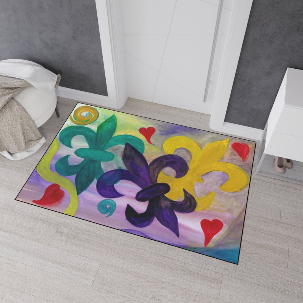 Mardi Gras Fleur-de-Lis Heavy Duty Floor Mat — Colorful Hearts & Fleur Design