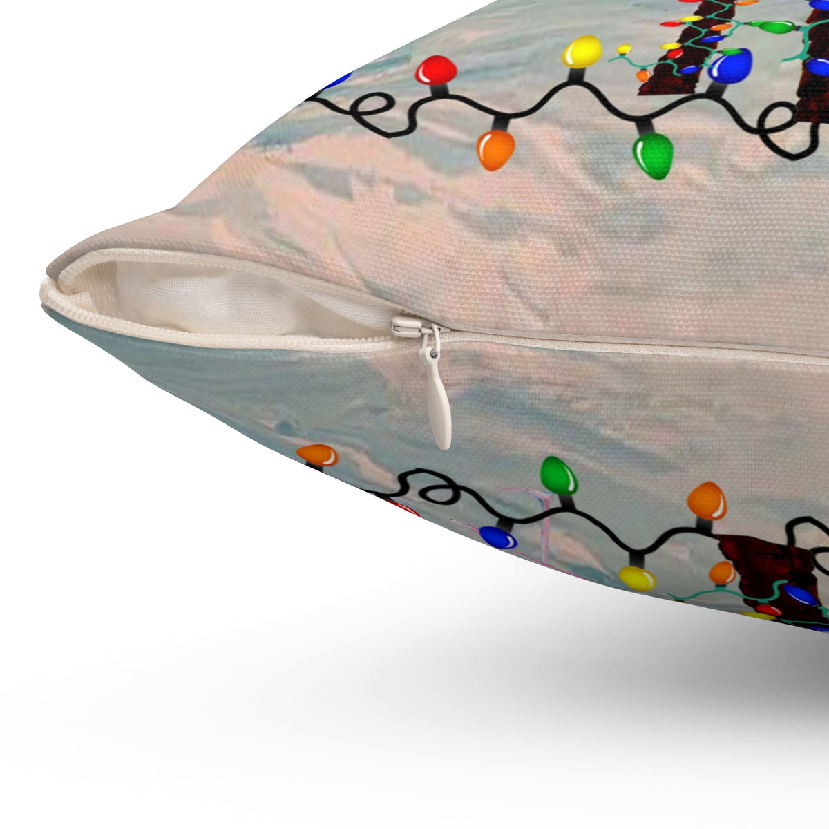 Tropical Christmas Palm Pillow — Flamingo & Holiday Lights Square Throw Pillow