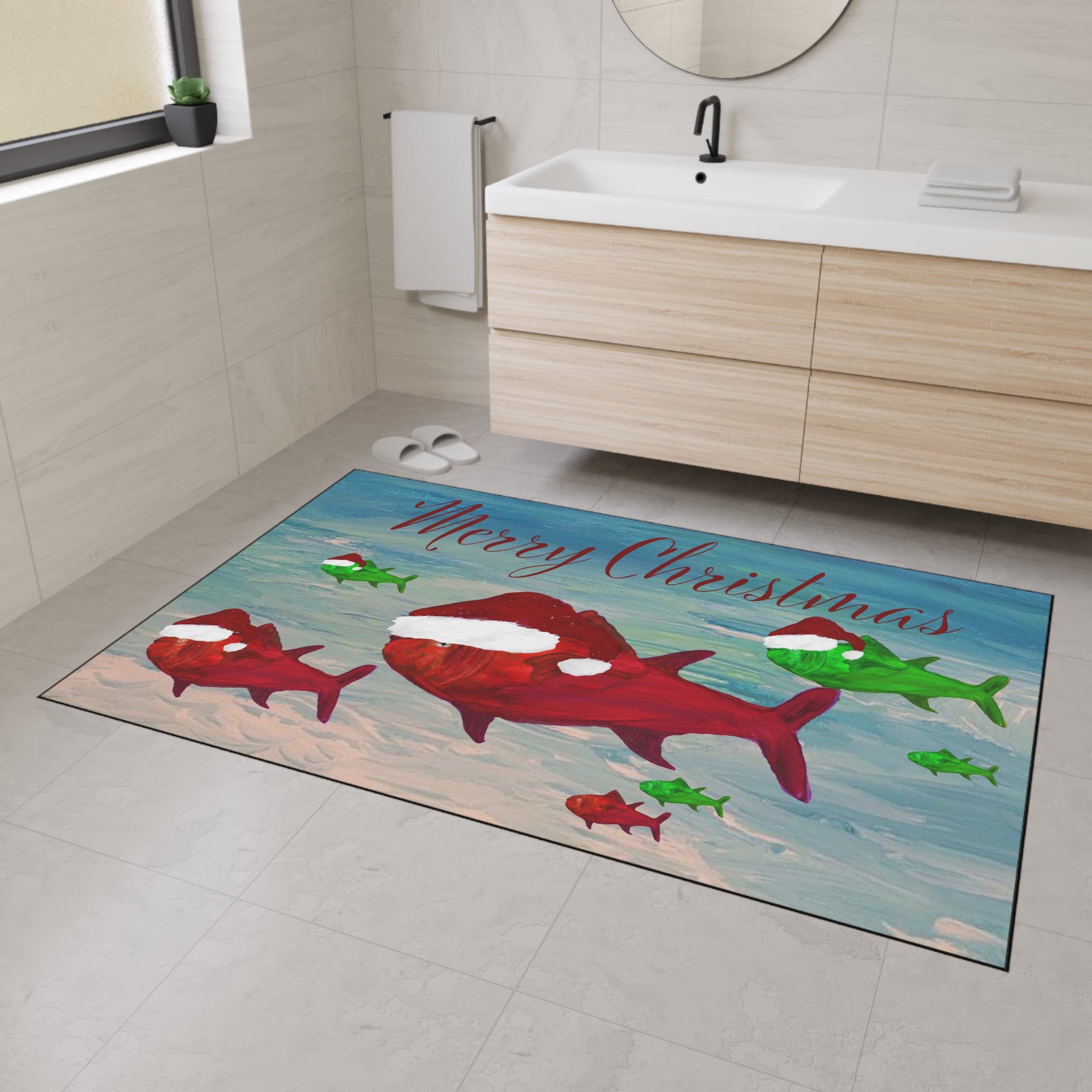 Christmas Fish Floor Mat — Merry Christmas Santa Hat Fish Holiday Door Mat