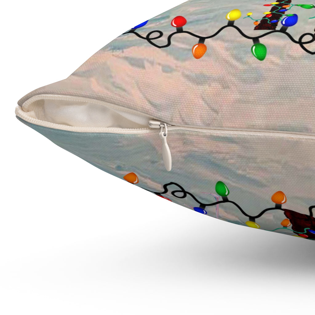 Tropical Christmas Palm Pillow — Flamingo & Holiday Lights Square Throw Pillow