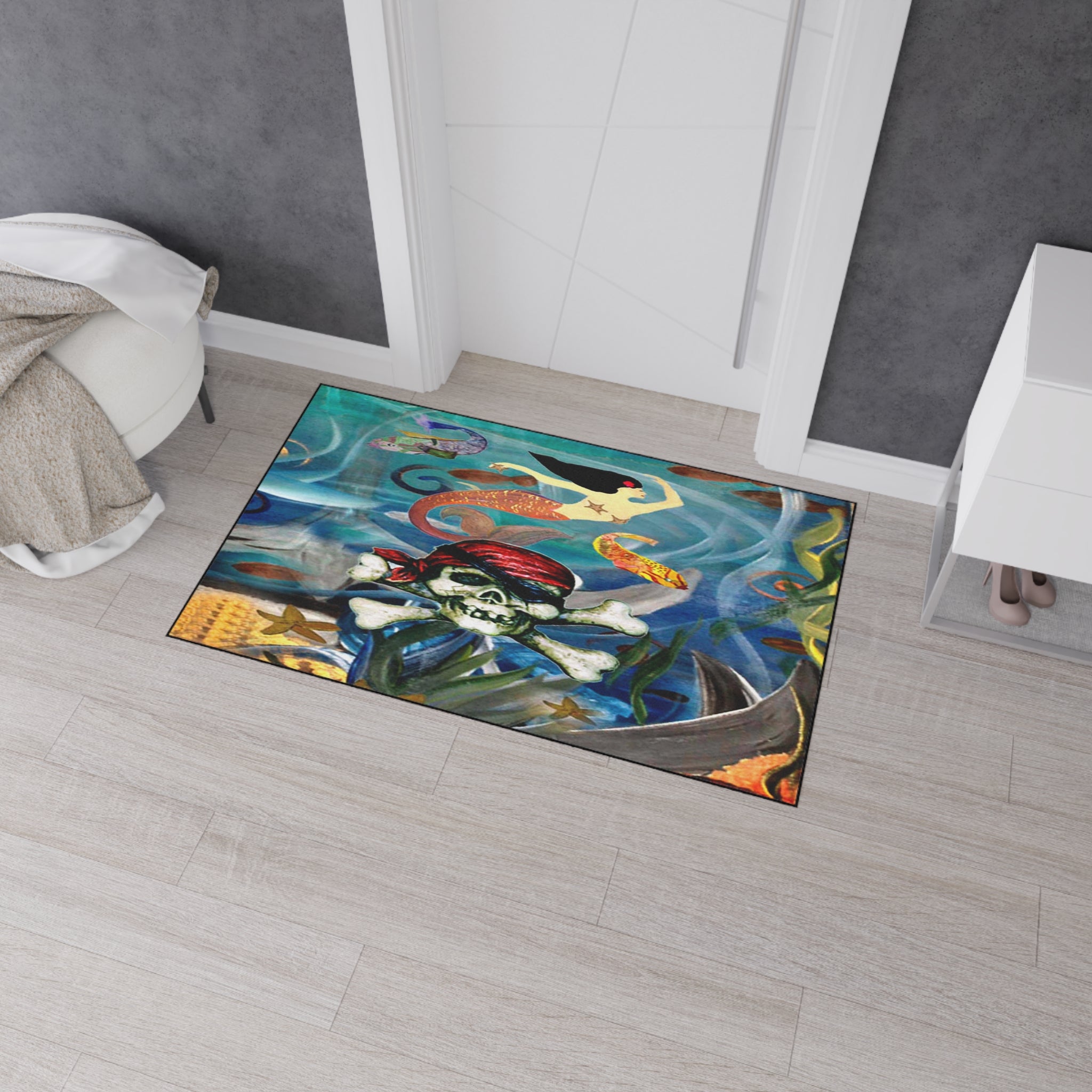 Pirate Skull & Mermaid Heavy Duty Floor Mat — Nautical Entryway Rug