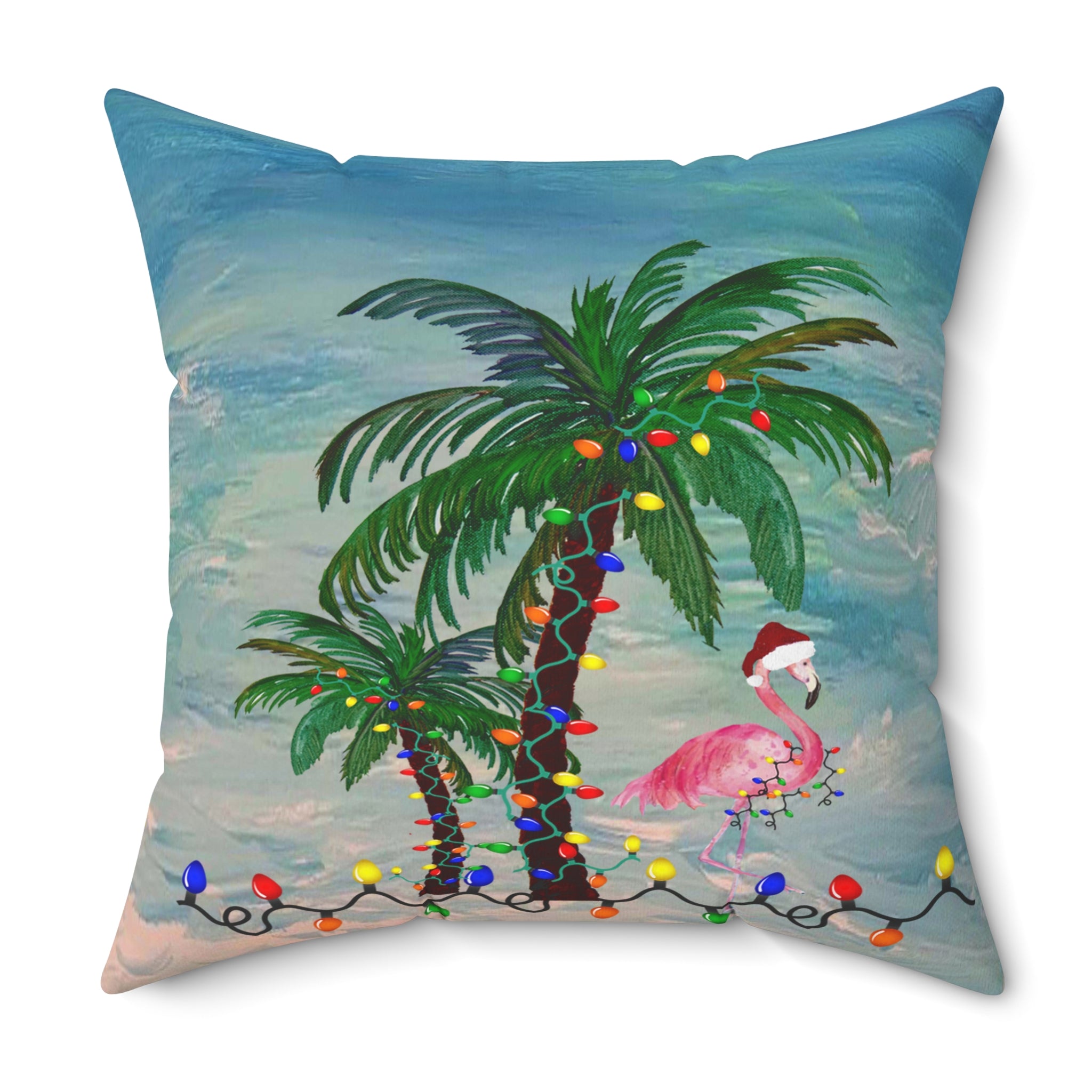 Tropical Christmas Palm Pillow — Flamingo with Holiday Lights