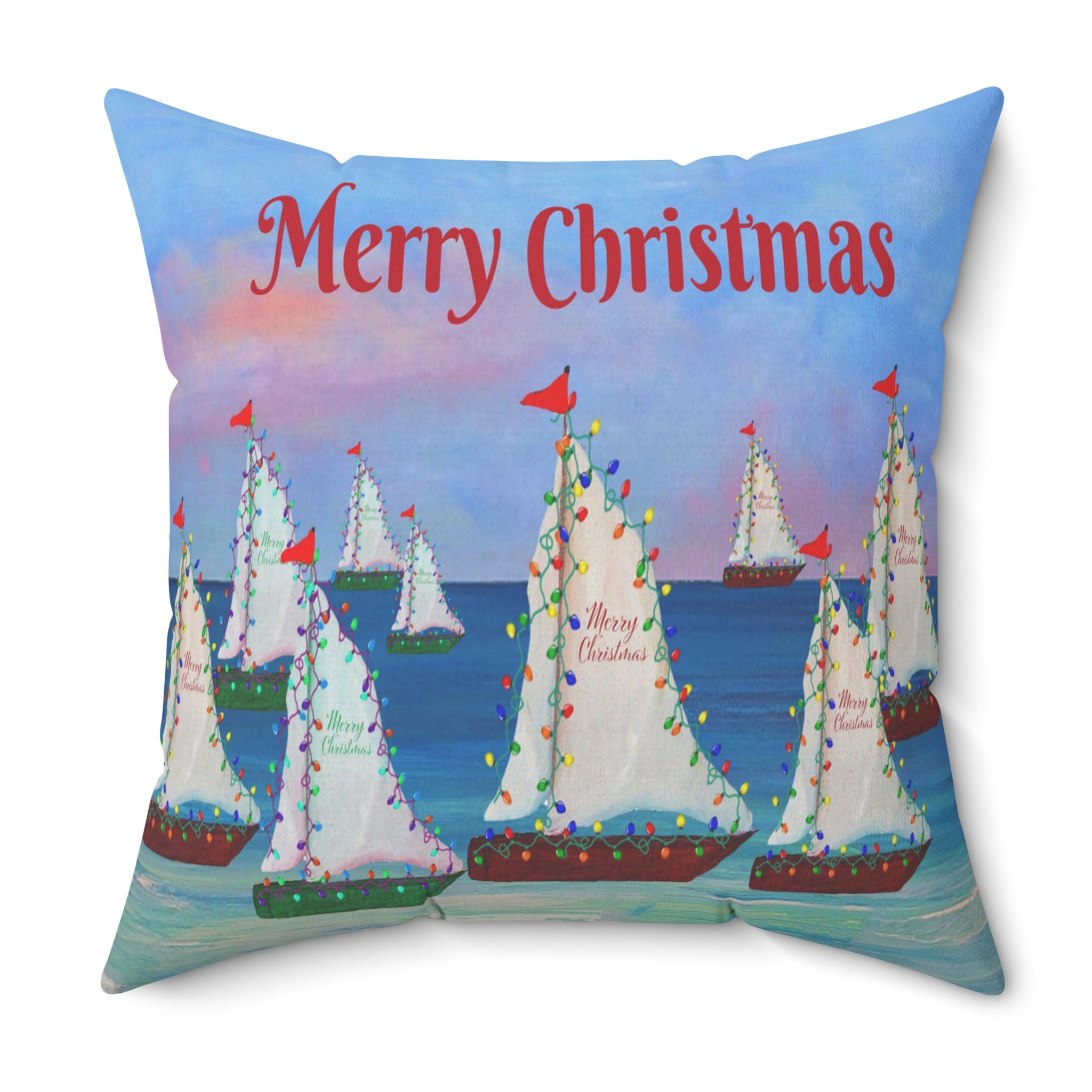 Merry Christmas Sailboat Pillow — Coastal Holiday Decorative Throw Pillow