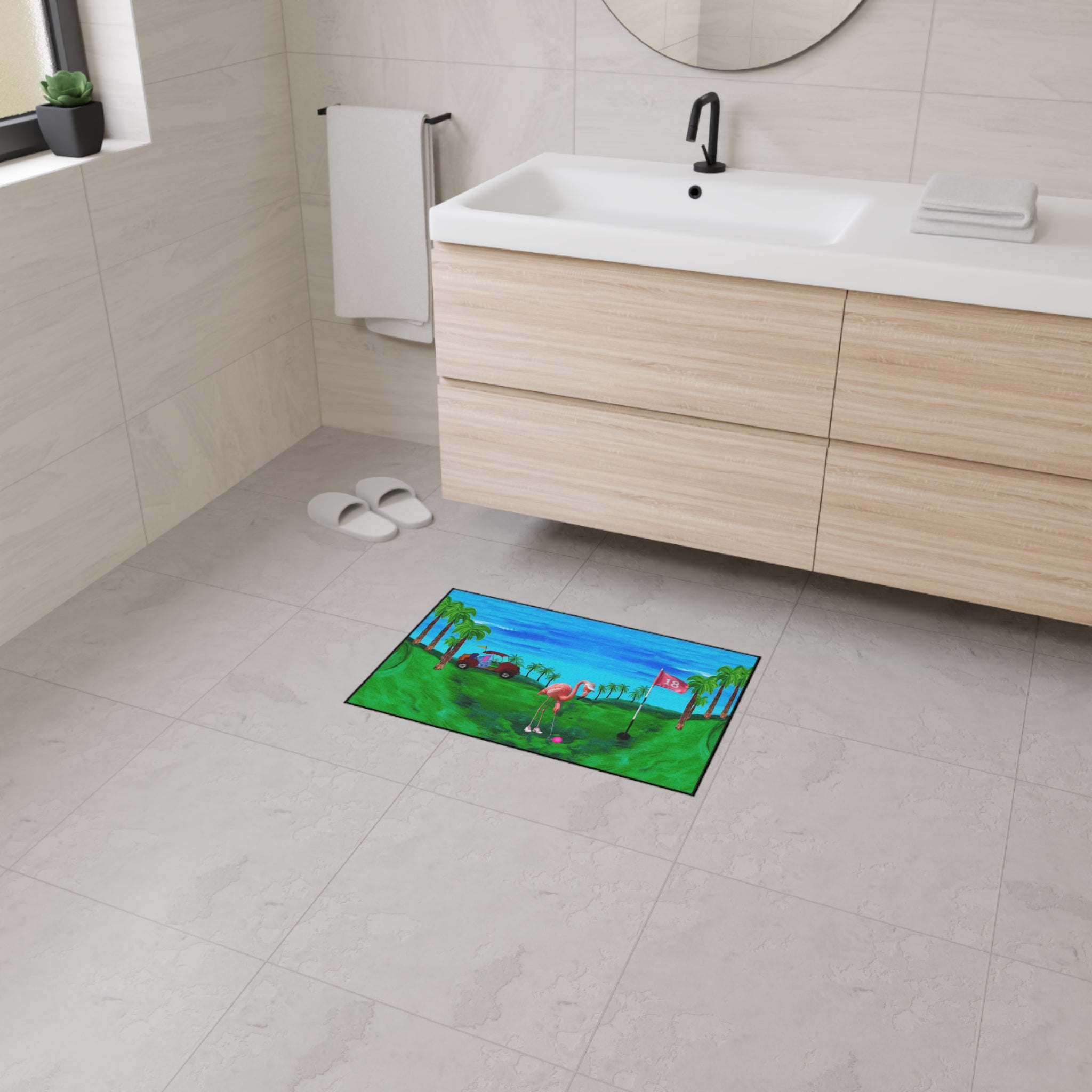 Golf Flamingo Heavy Duty Floor Mat — Tropical 18th Hole Welcome Mat