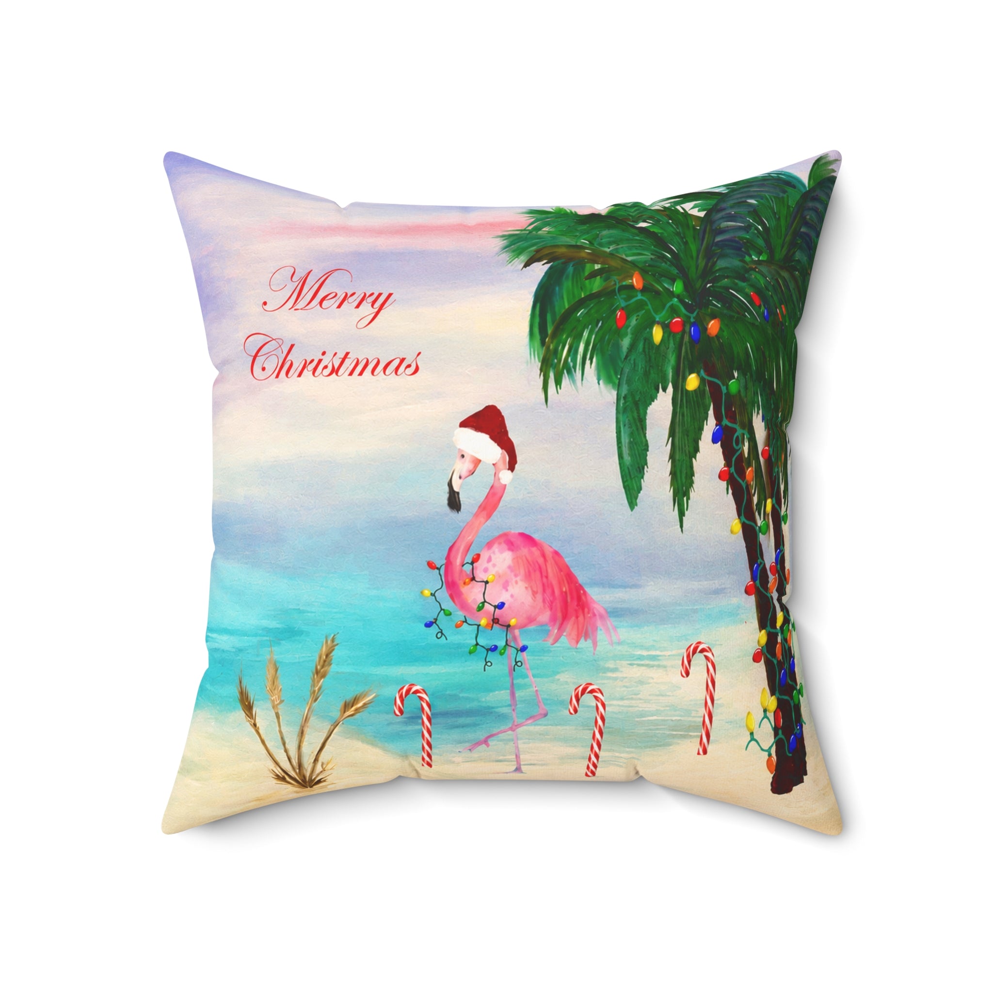 Christmas Flamingo Candy Canes Beach Pillow — Merry Christmas Tropical Holiday Throw Pillow