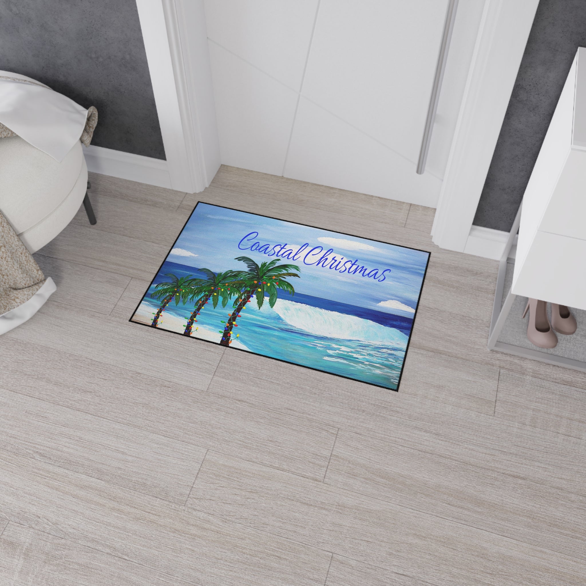 Coastal Christmas Floor Mat — Beach Palm Trees Holiday Doormat