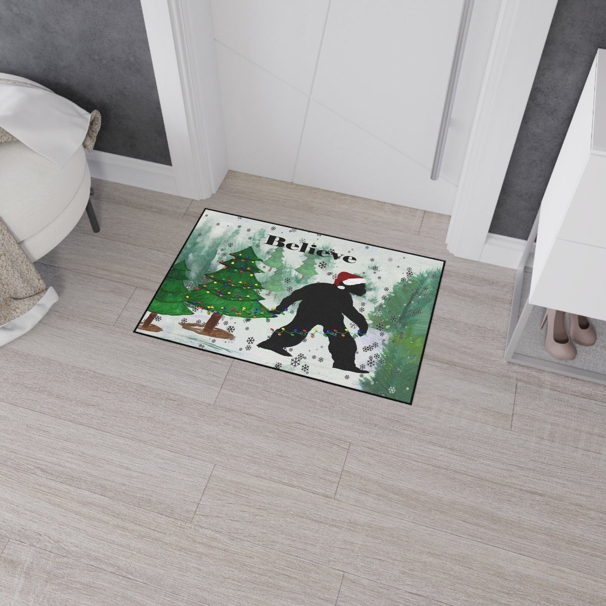 Believe Bigfoot Sashquash Holiday Floor Mat