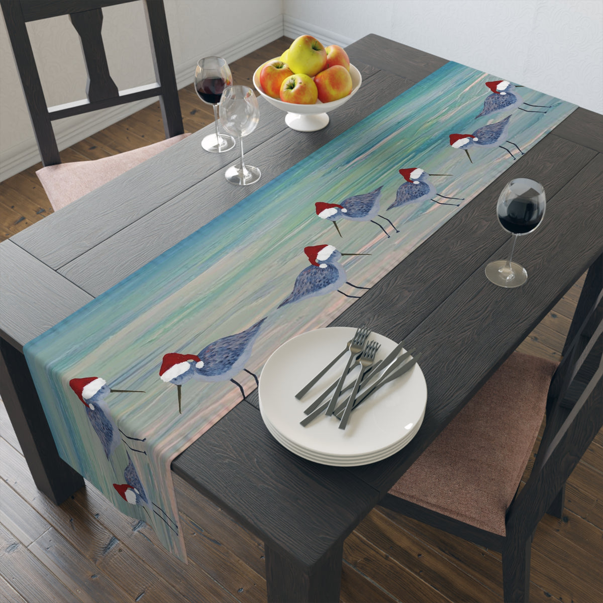 Christmas Holiday Coastal Sandpiper Table Runner — Blue Beach Shorebirds Cotton-Poly Décor