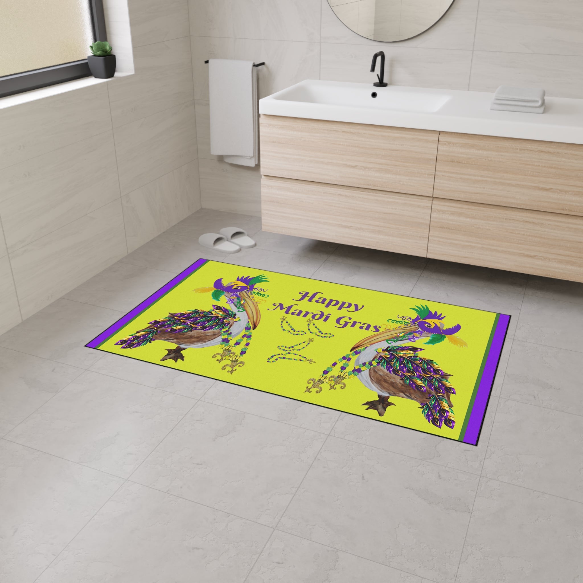 Pelican Mardi Gras adorned in beach home decor Heavy Duty Floor Mat rug