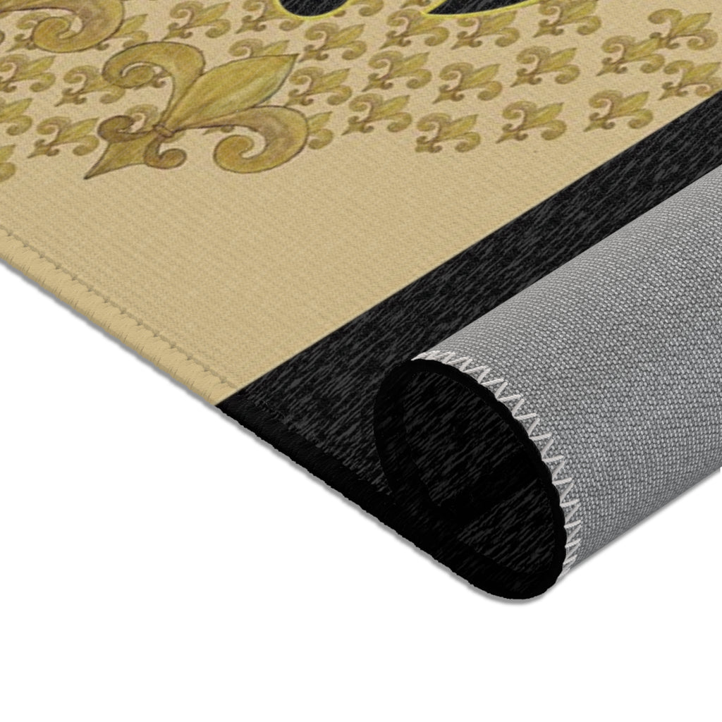 Fleur-de-Lis Striped Area Rug — Elegant Gold & Black Decorative Mat