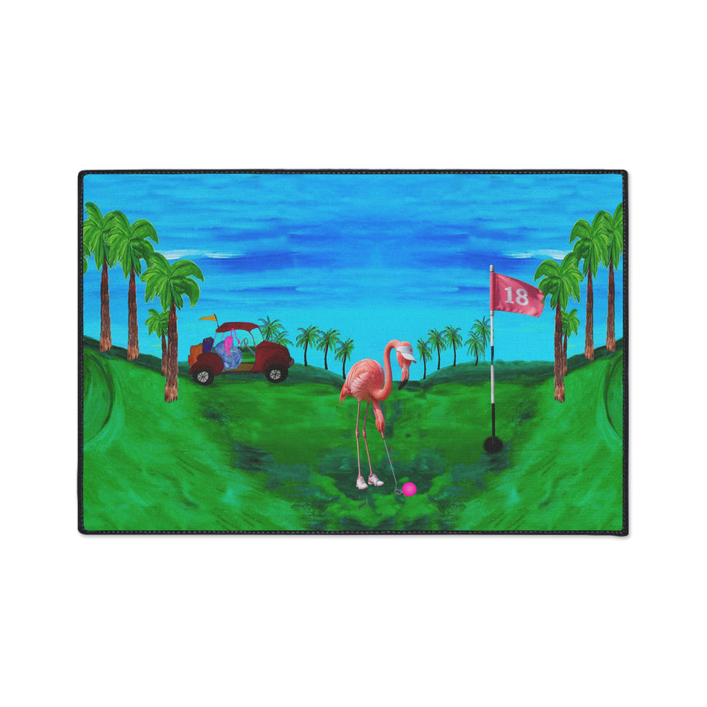 Golf Flamingo Heavy Duty Floor Mat — Tropical 18th Hole Welcome Mat