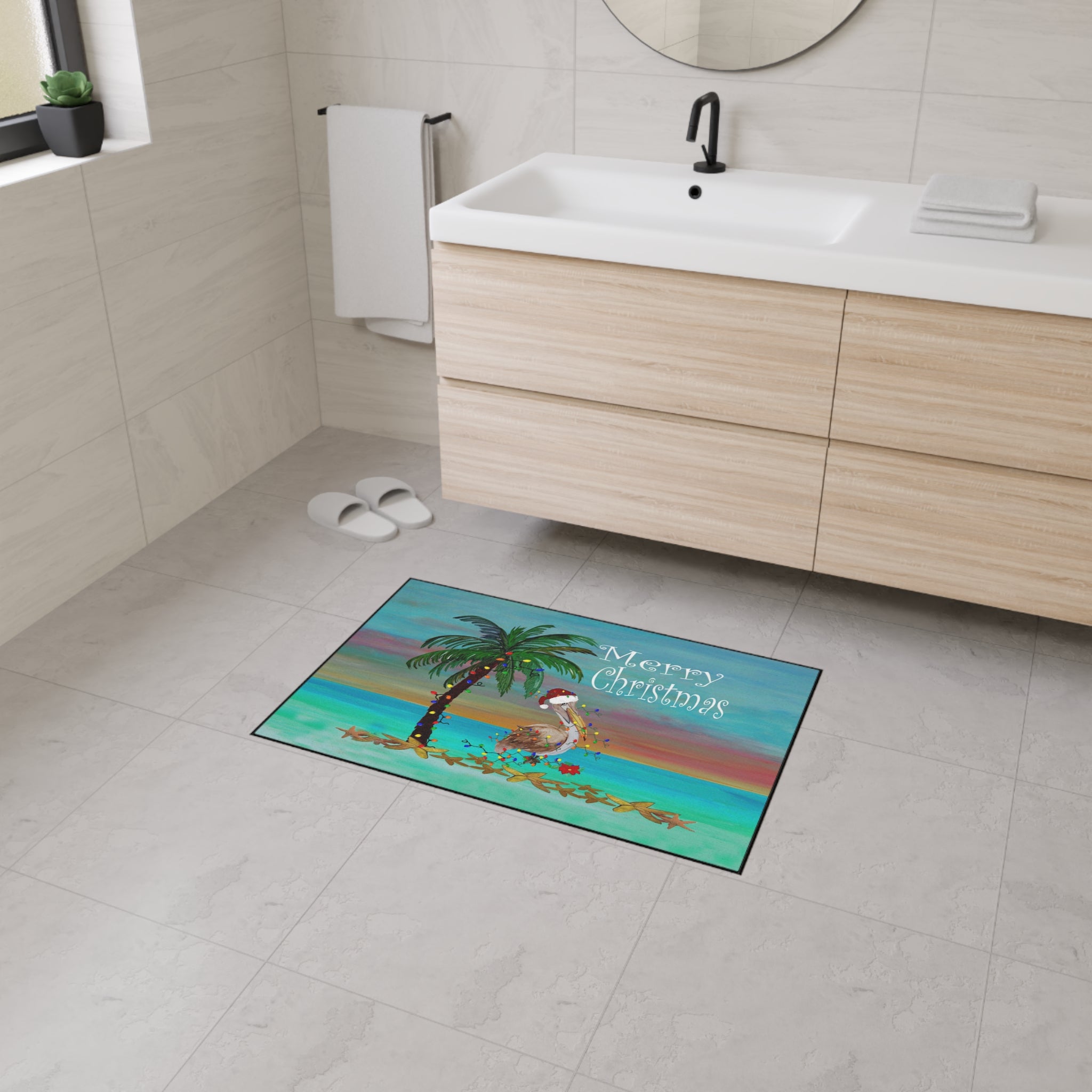 Christmas Beach Floor Mat — 'Merry Christmas' Pelican & Palm Holiday Doormat