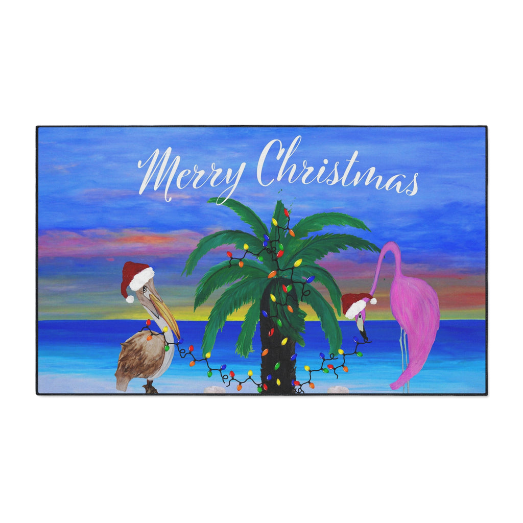 Christmas Beach Floor Mat – 'Merry Christmas' Palm Tree with Pelican & Flamingo Holiday Doormat