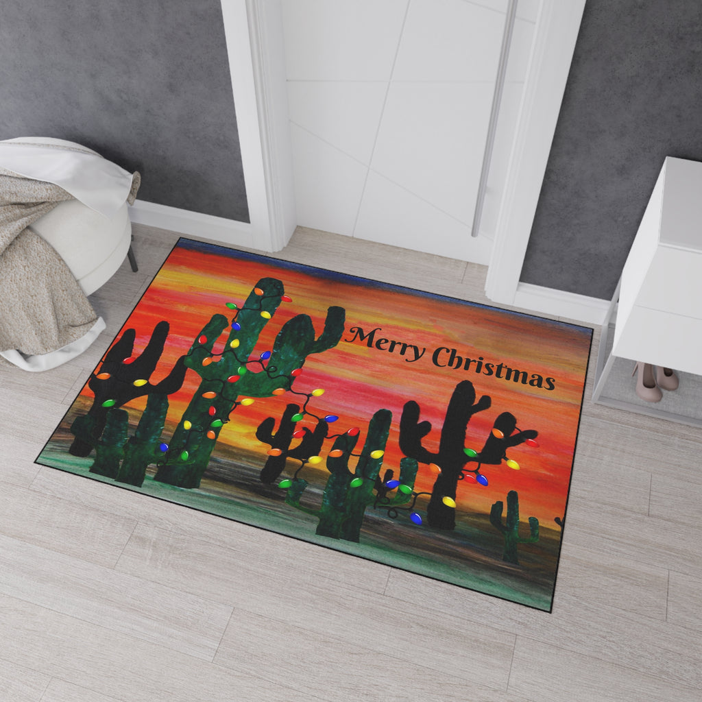 Christmas Cactus Doormat - "Merry Christmas" Desert Sunset Floor Mat
