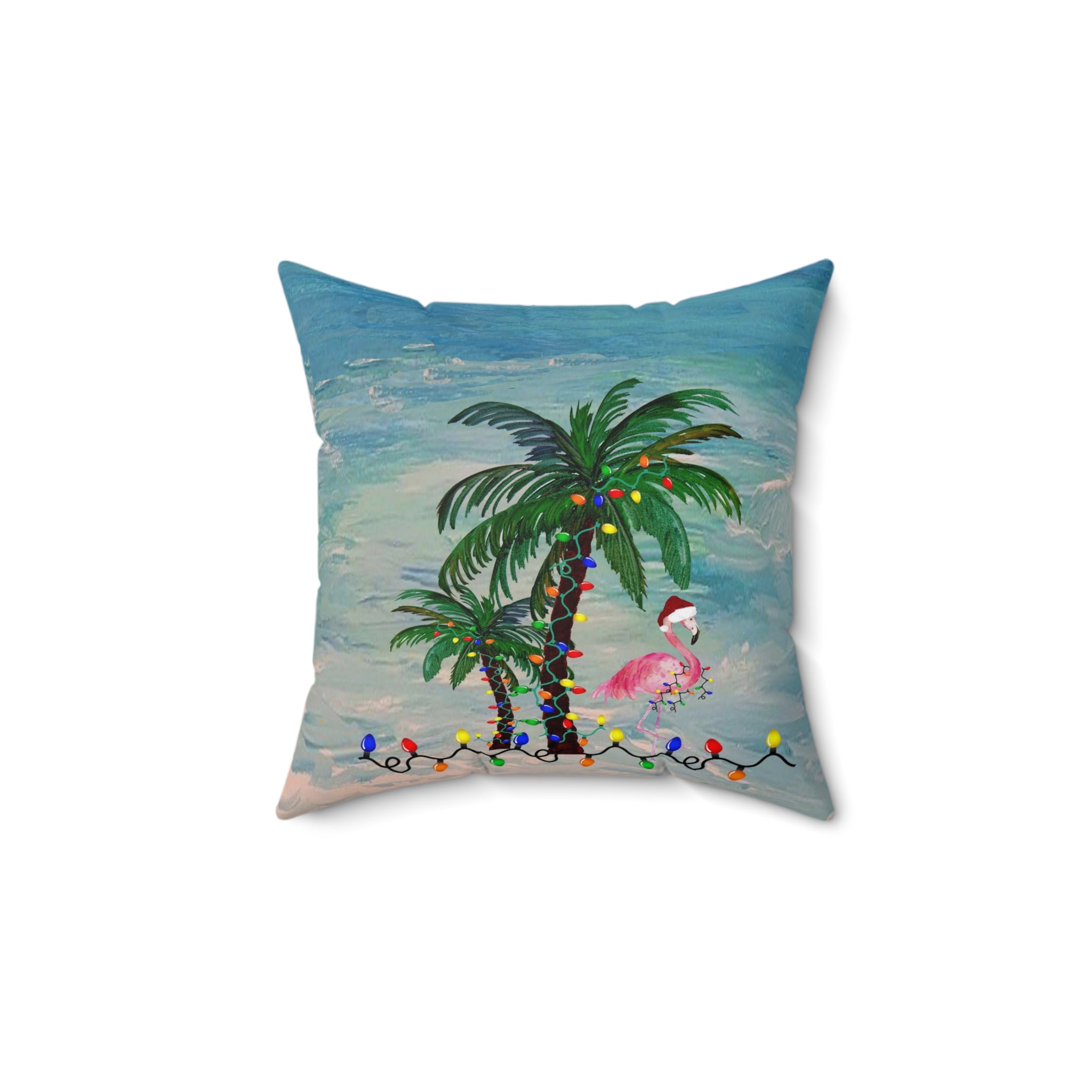 Tropical Christmas Palm Pillow — Flamingo & Holiday Lights Square Throw Pillow