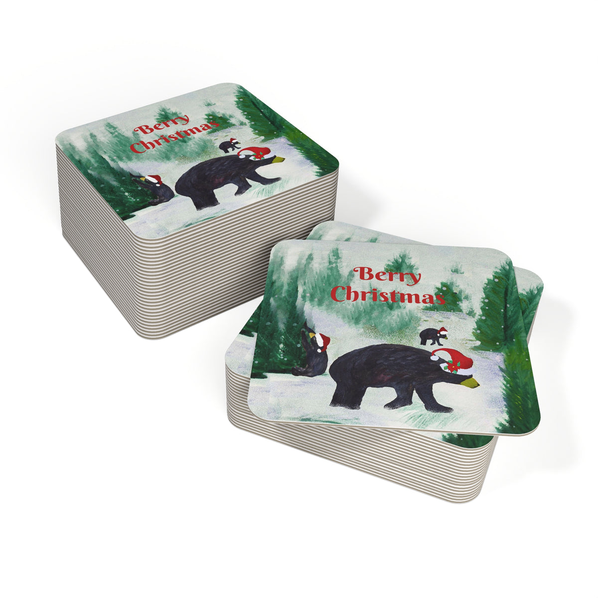 Christmas Bear Coasters — 'Berry Christmas' Holiday Drink Coasters (Set of 50/100)