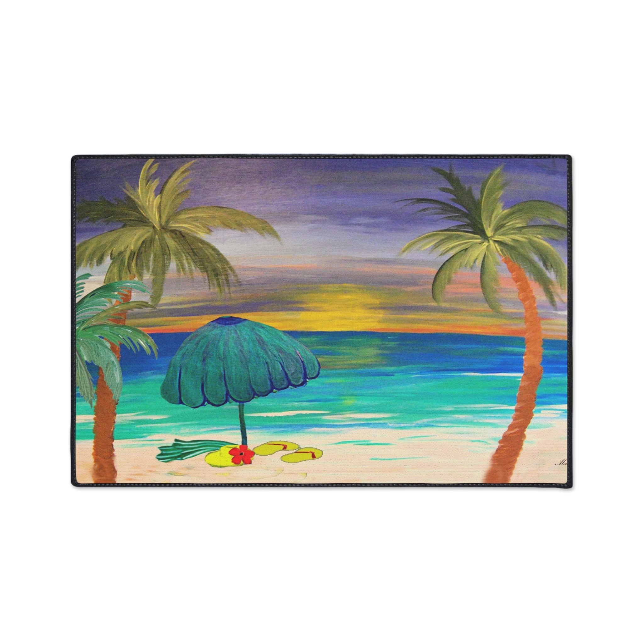 Tropical Sunset Beach Floor Mat — Palm Trees & Umbrella Seaside Doormat