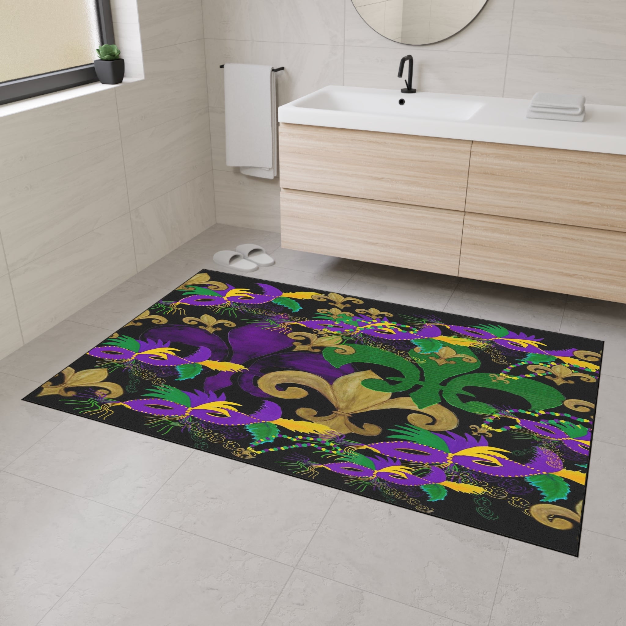 Mardi Gras Fleur-de-Lis Heavy Duty Floor Mat — Purple, Green & Gold Mask Design