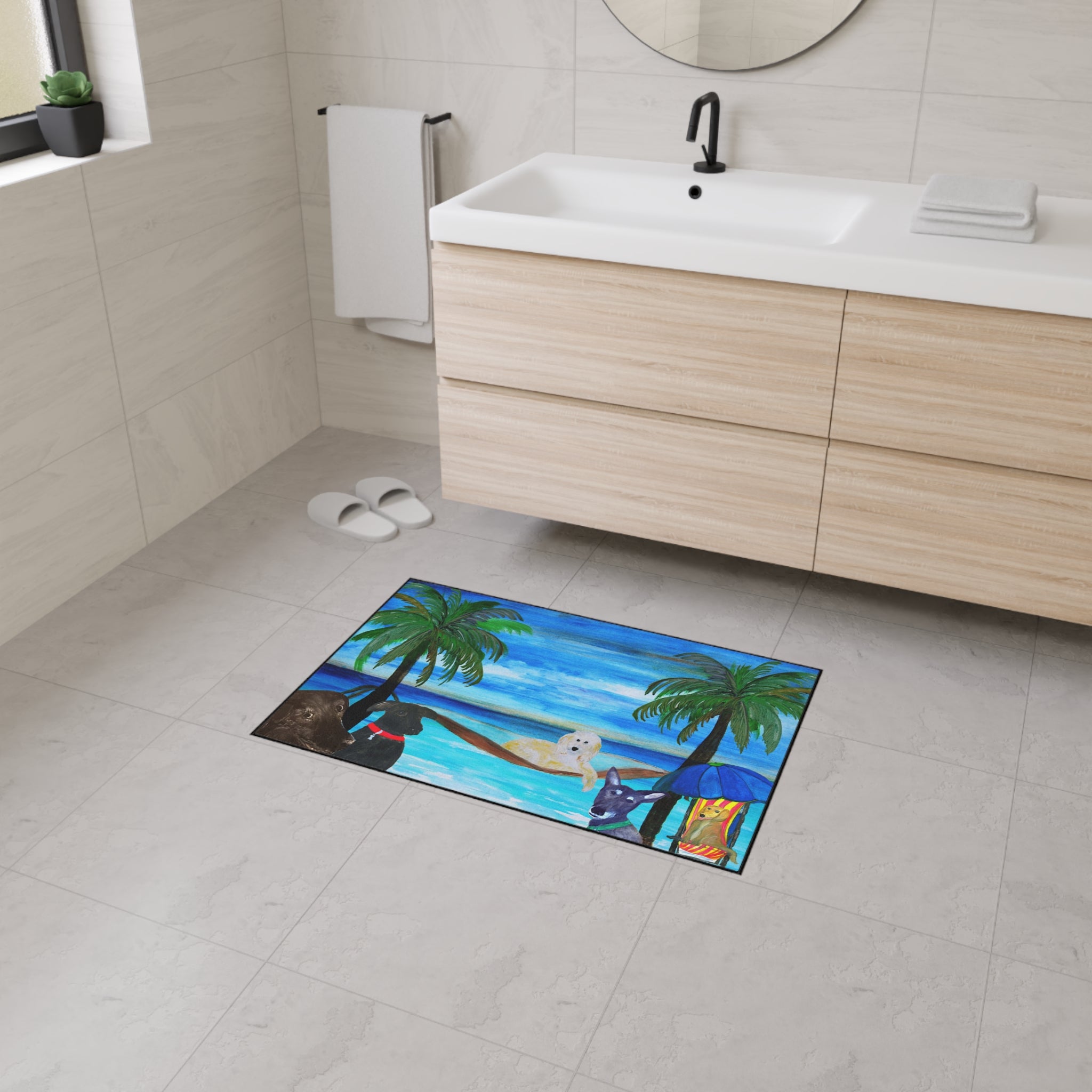 Beach Dogs Heavy Duty Floor Mat — Tropical Palm & Pup Doormat