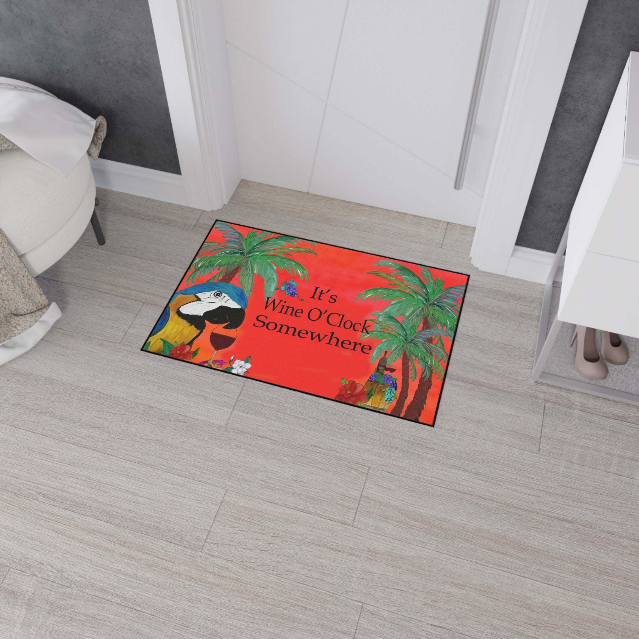 Floor Mat — "It’s Wine O’Clock Somewhere" Tropical Parrot Welcome Mat