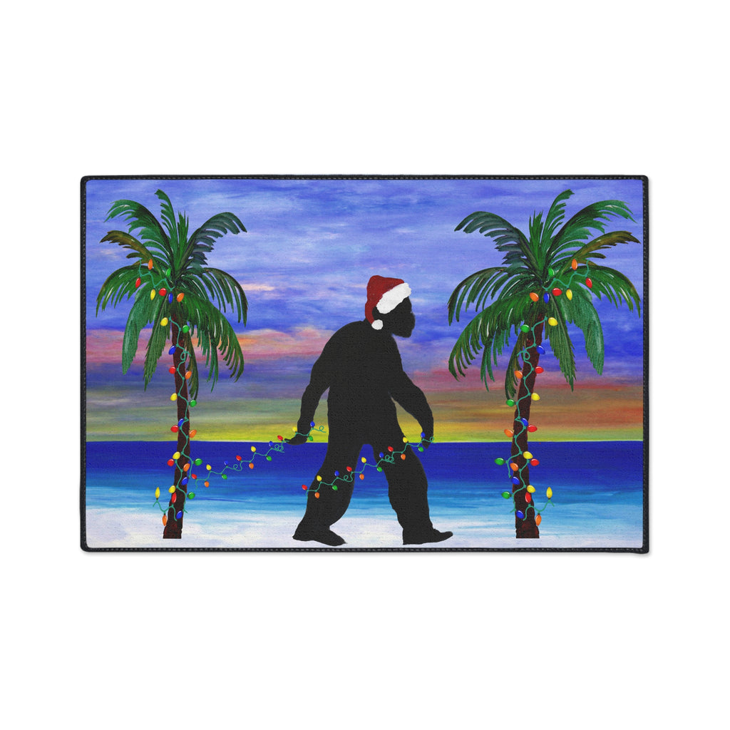 Christmas Beach Sasquatch Doormat — Holiday Palm Tree Welcome Mat