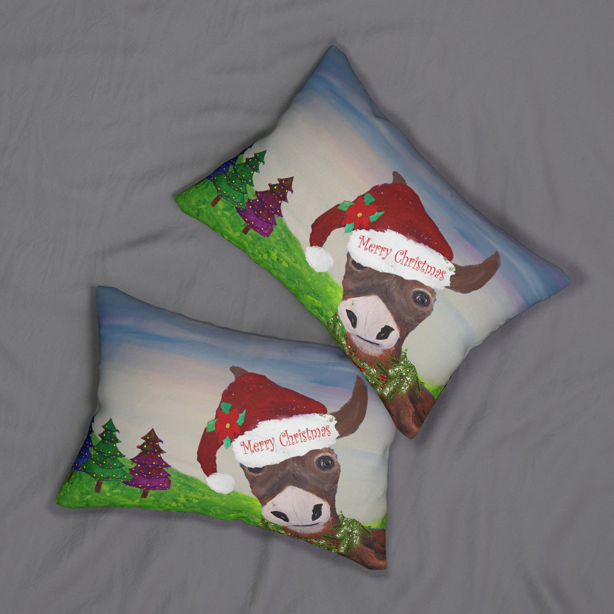 Christmas Cow Lumbar Pillow – 'Merry Christmas' Festive Farmhouse Decor