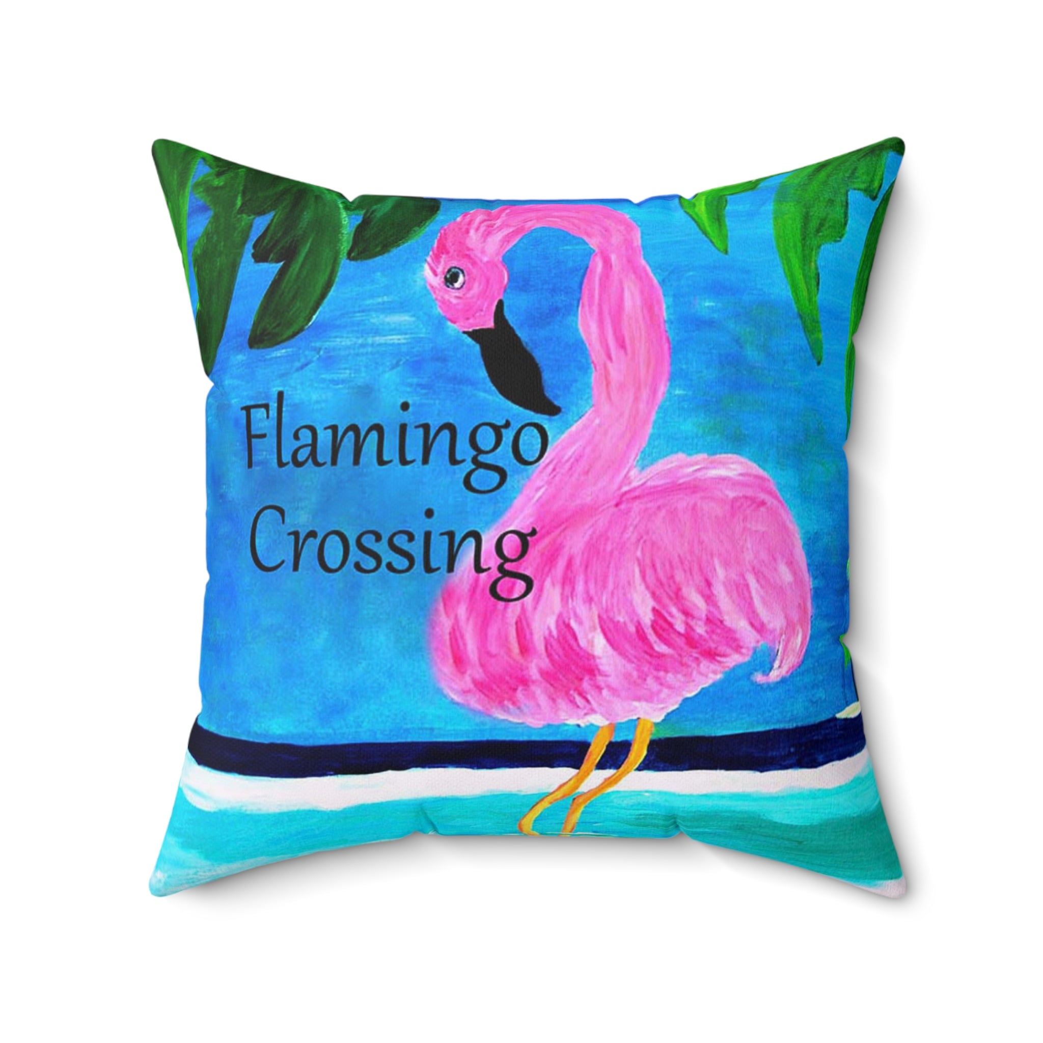 Flamingo Crossing Throw Pillow — Tropical Pink Flamingo Decorative Pillow