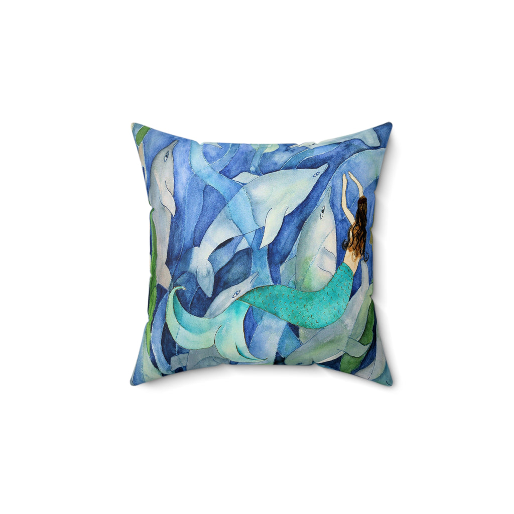 Mermaid & Dolphins Blue Watercolor Throw Pillow
