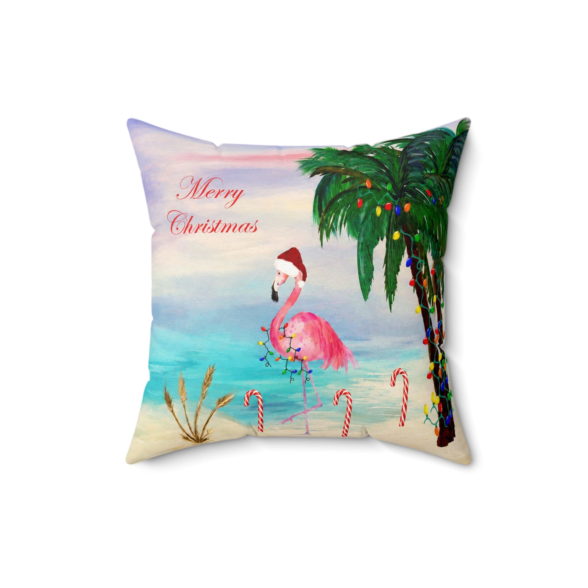 Christmas Flamingo Candy Canes Beach Pillow — Merry Christmas Tropical Holiday Throw Pillow