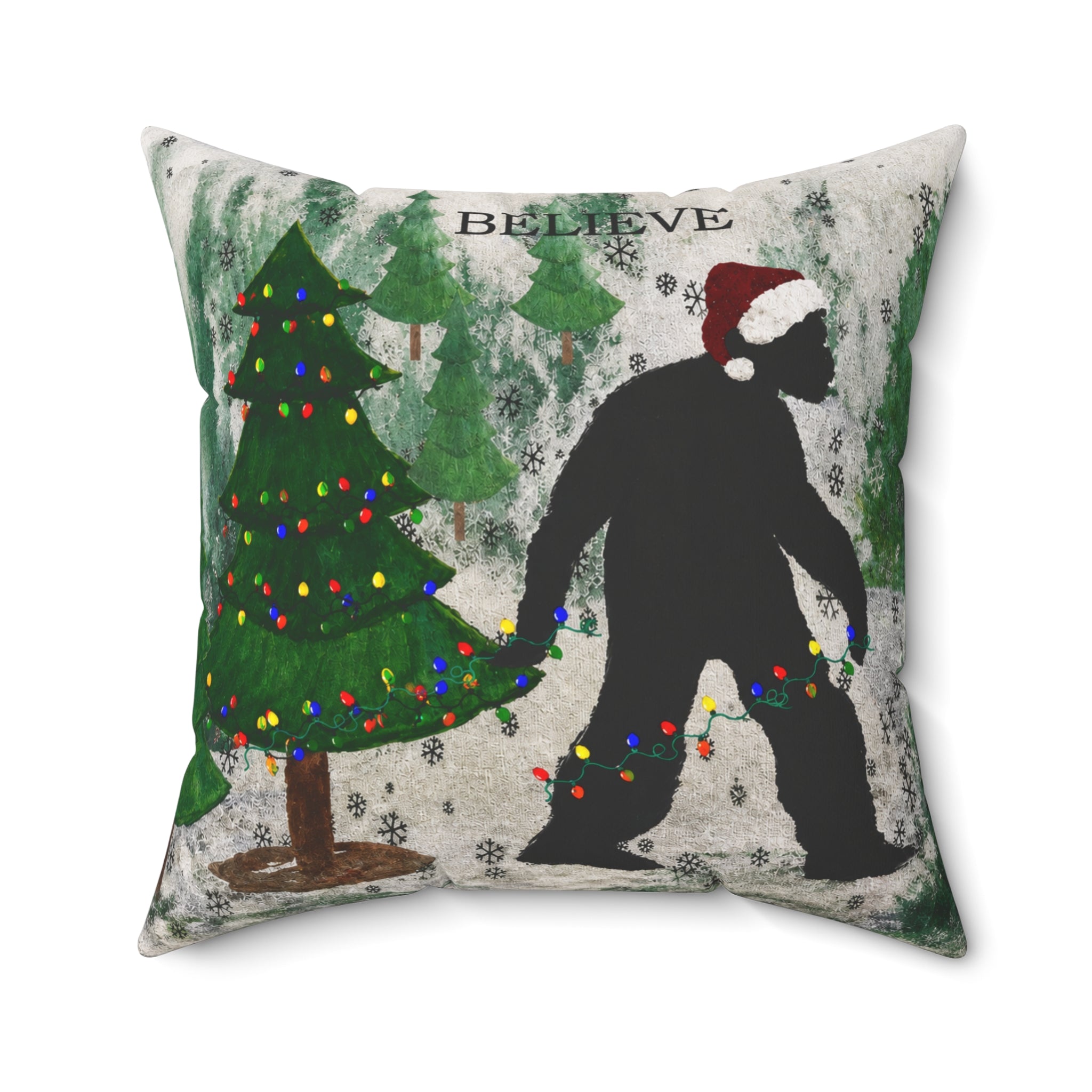 Christmas Bigfoot Pillow — 'Believe' Holiday Decorative Throw Pillow