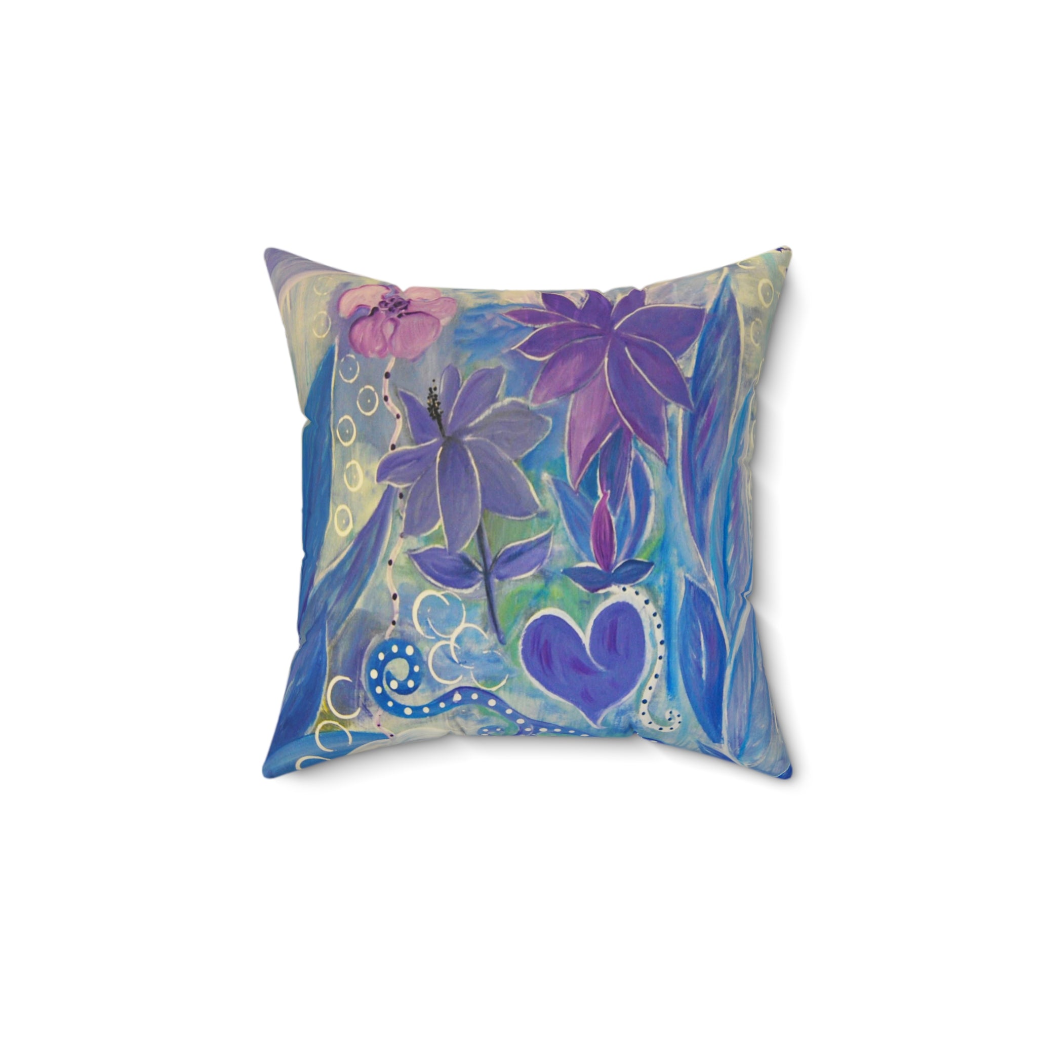 Blue Violet Floral Heart Pillow — Decorative Square Throw Pillow