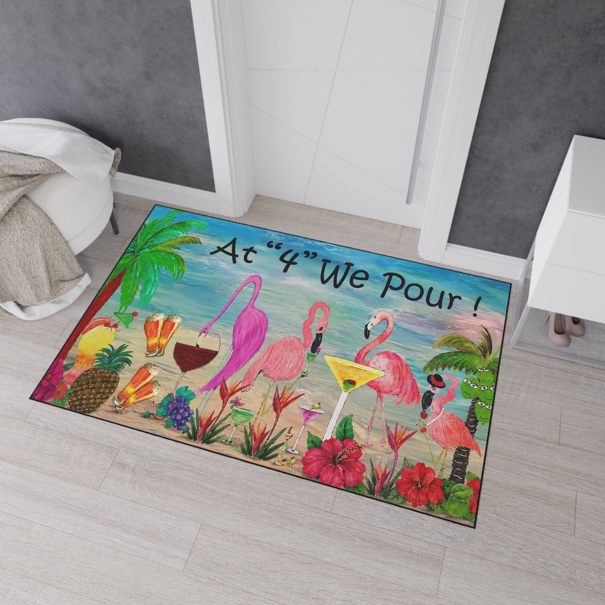 Tropical Flamingo Welcome Mat — "At '4' We Pour!" Cocktail Beach Door Mat