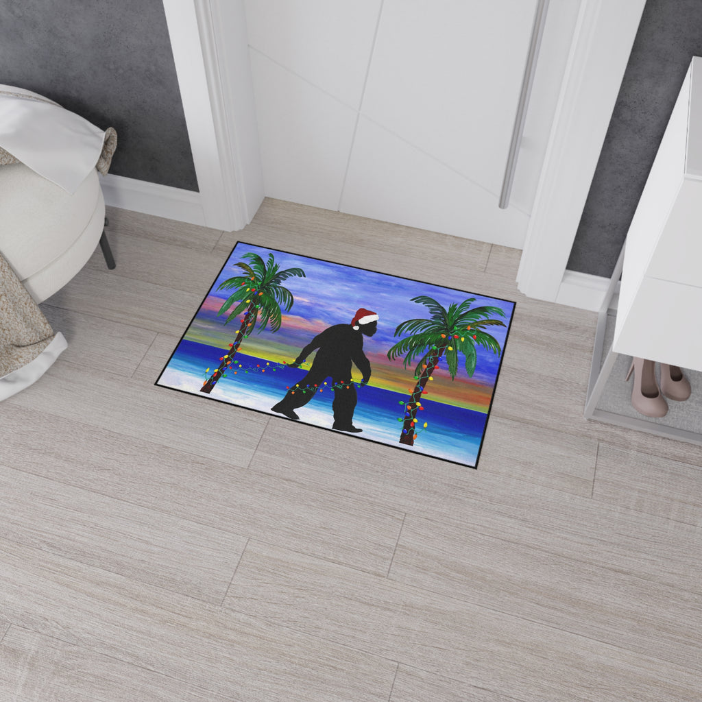 Christmas Beach Sasquatch Doormat — Holiday Palm Tree Welcome Mat