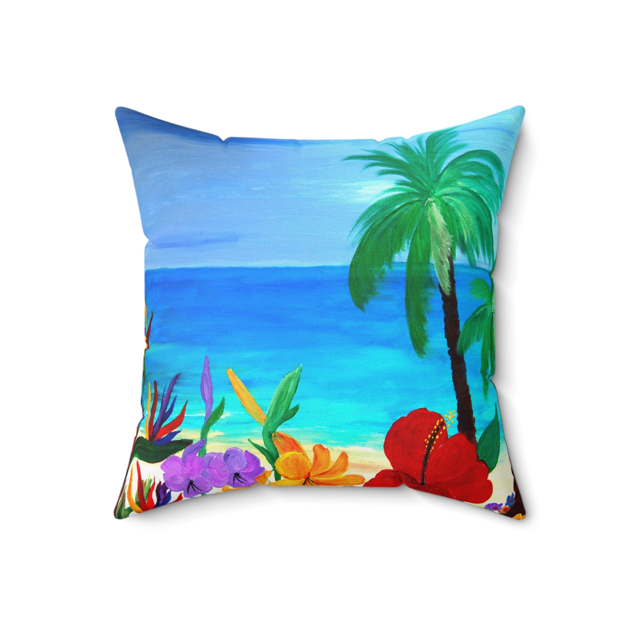 Tropical Beach Pillow - Palm Trees & Hibiscus Decorative Throw